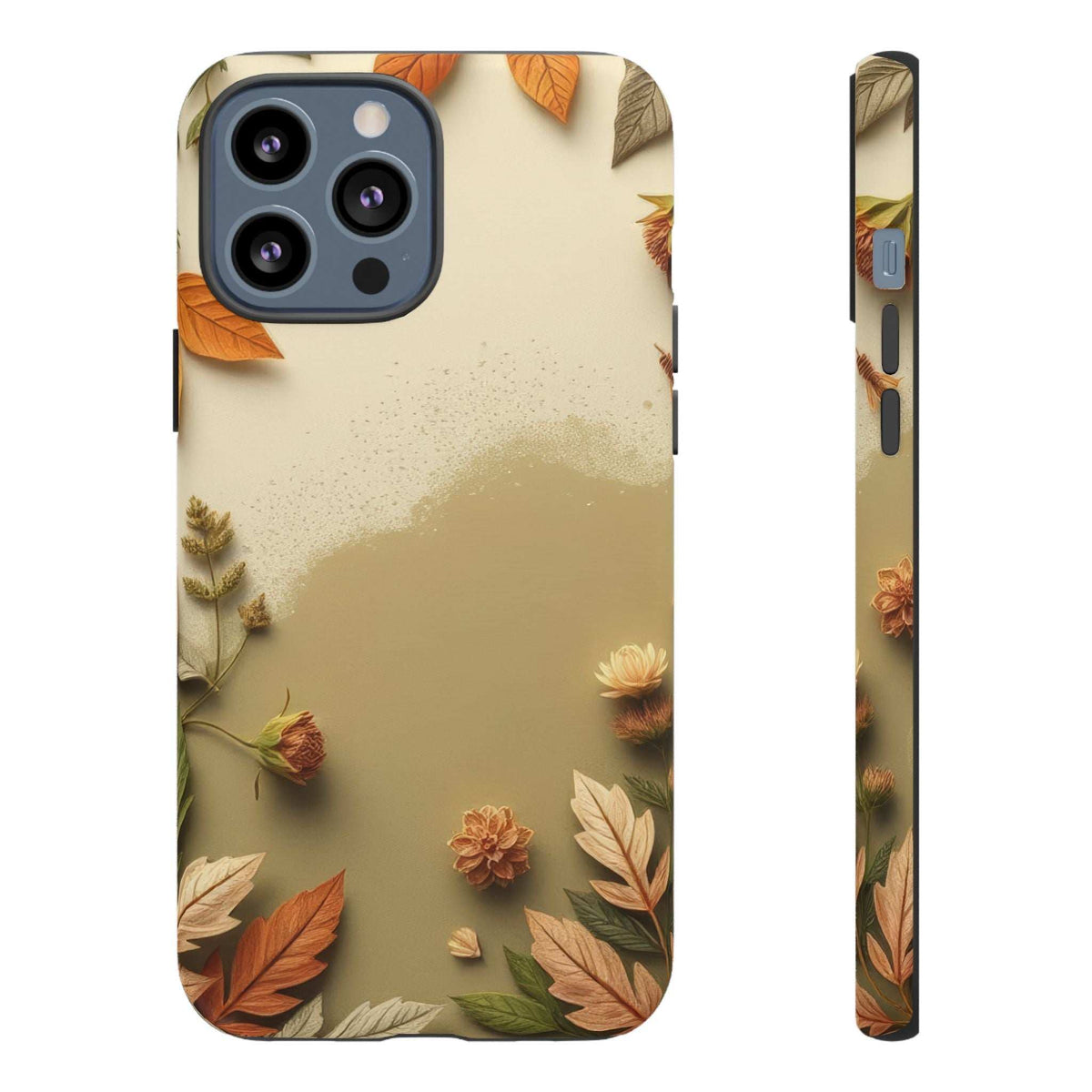 Autumn leaves phone case in beige with scattered leaves and blooms, camera cutout and side view