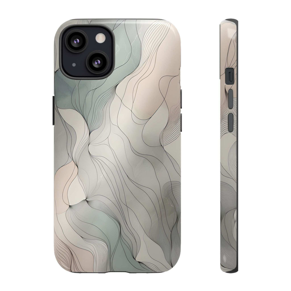 Phone case with pastel wave swirls in light beige and teal, raised camera area with cutouts.