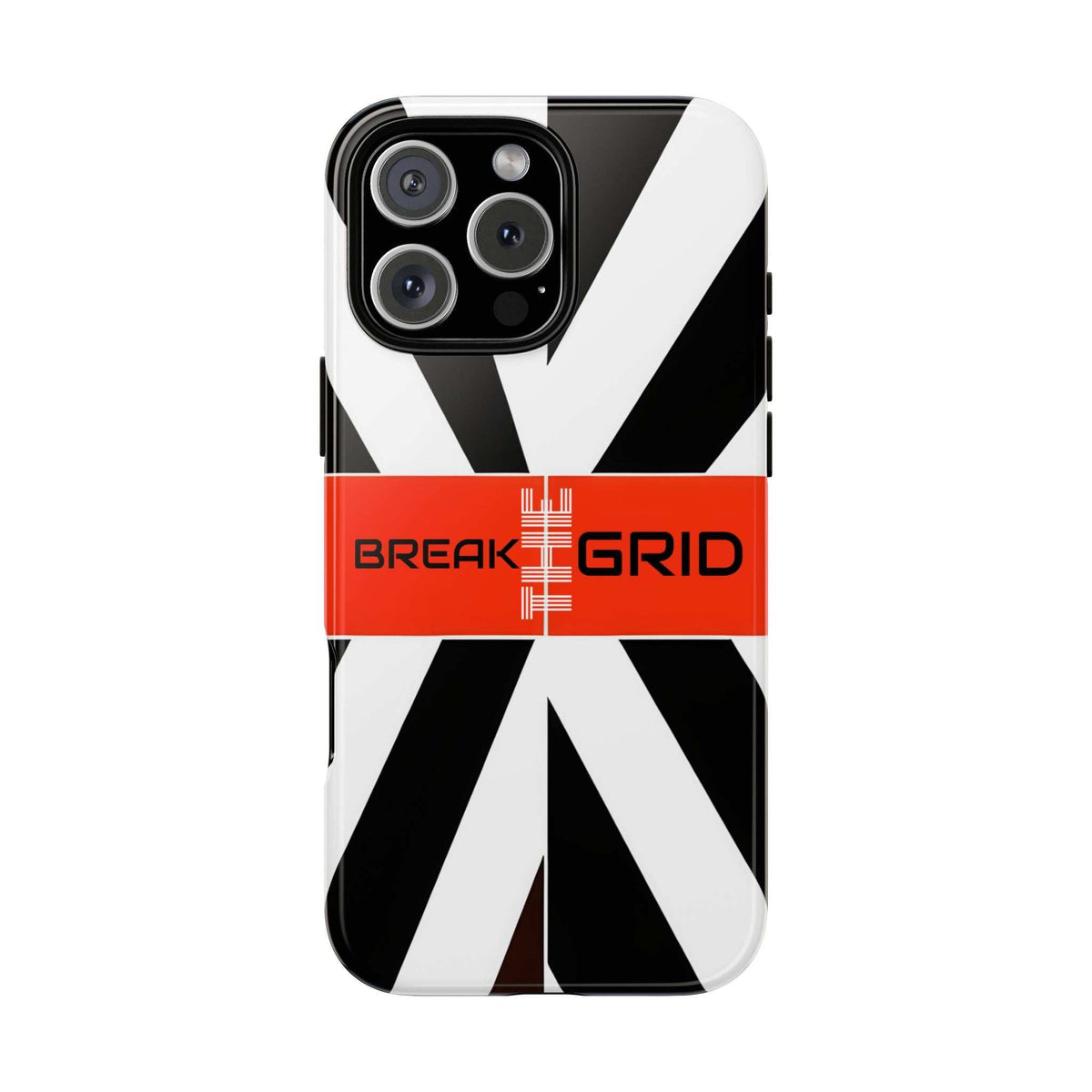 Phone case with black-and-white diagonal stripes, red Break Grid band, quad camera cutout