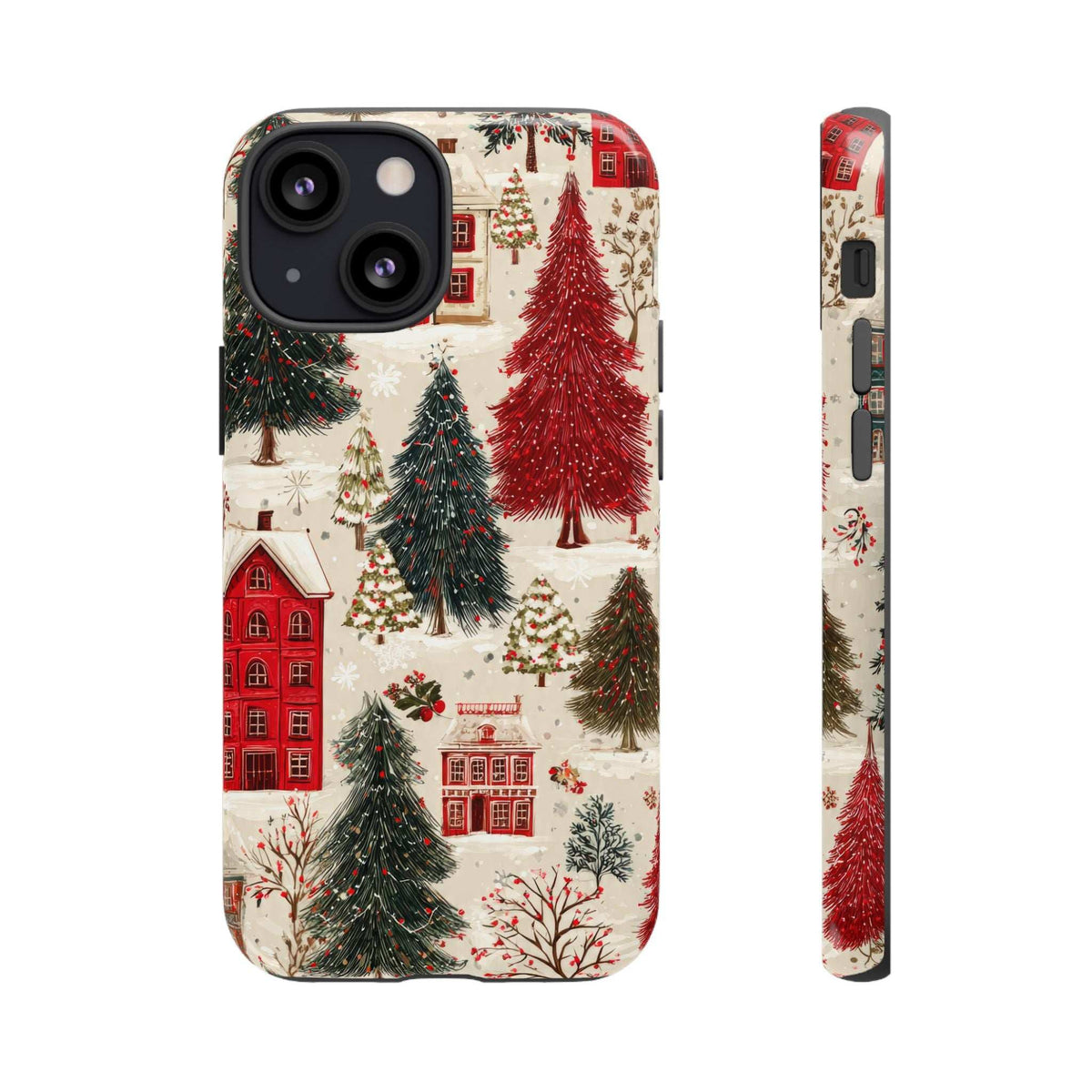 Winter village phone case showing cream houses, red and green trees, and rear camera cutout