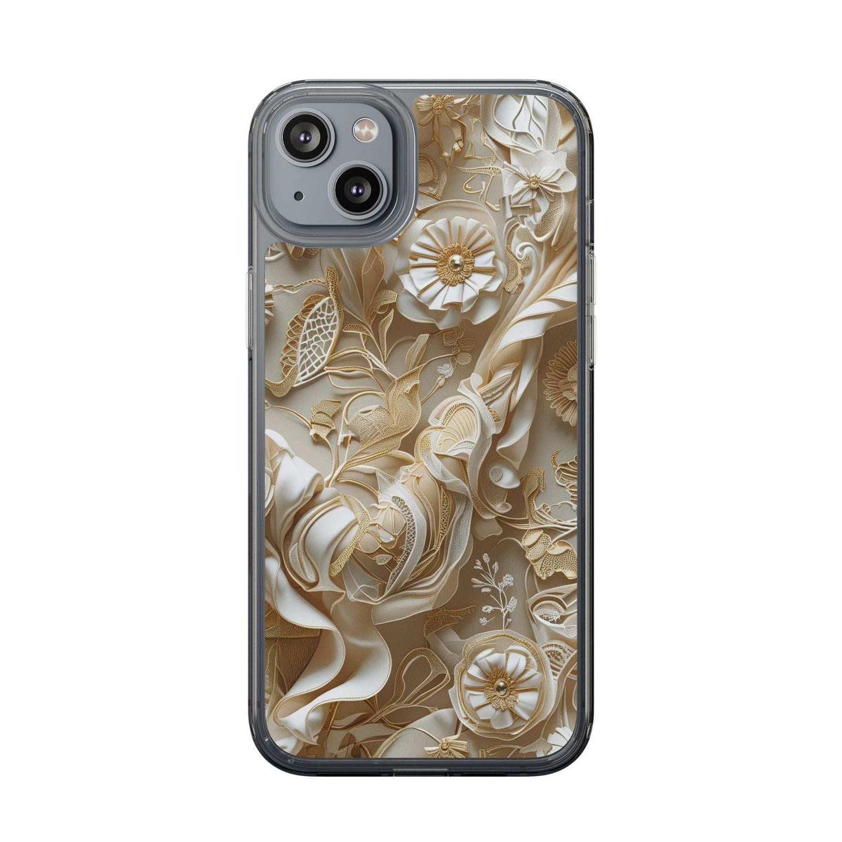 Clear phone case with gold-and-cream floral pattern and triple-lens camera cutout