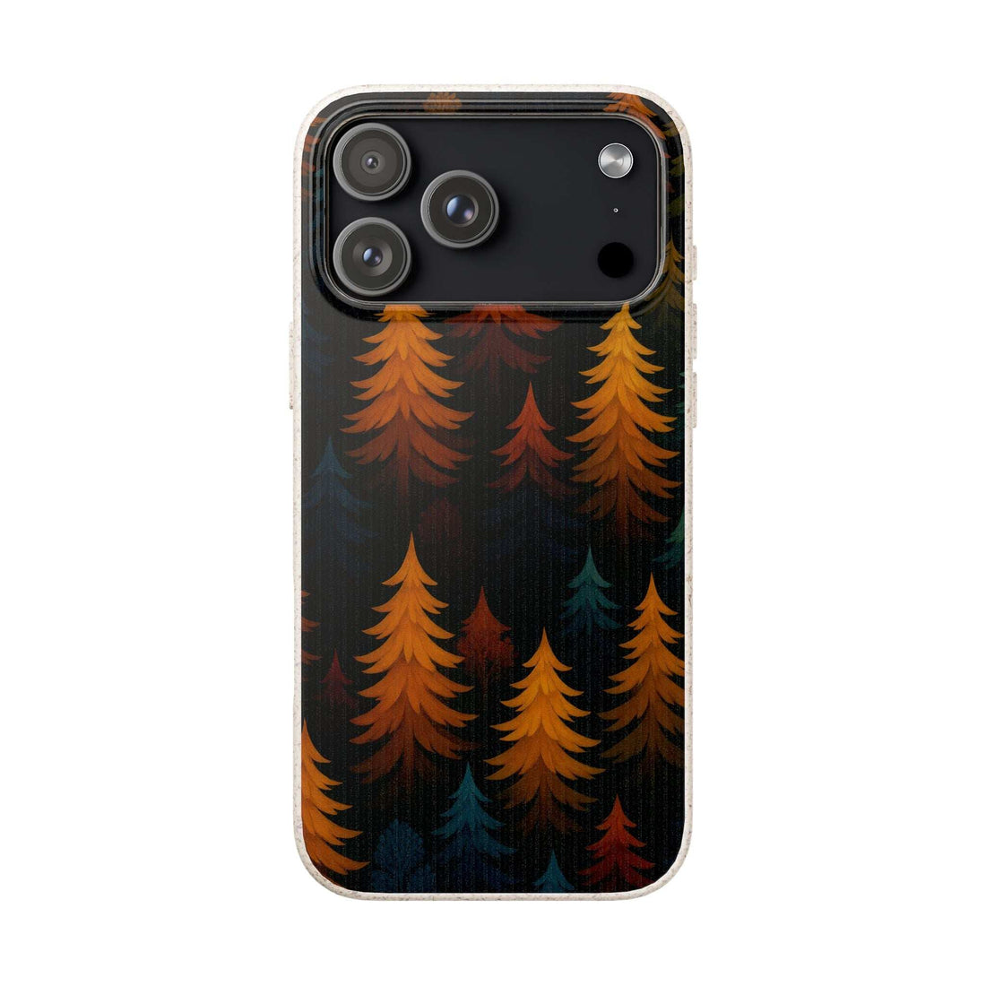 Biodegradable phone case with dark forest tree pattern and camera cutouts