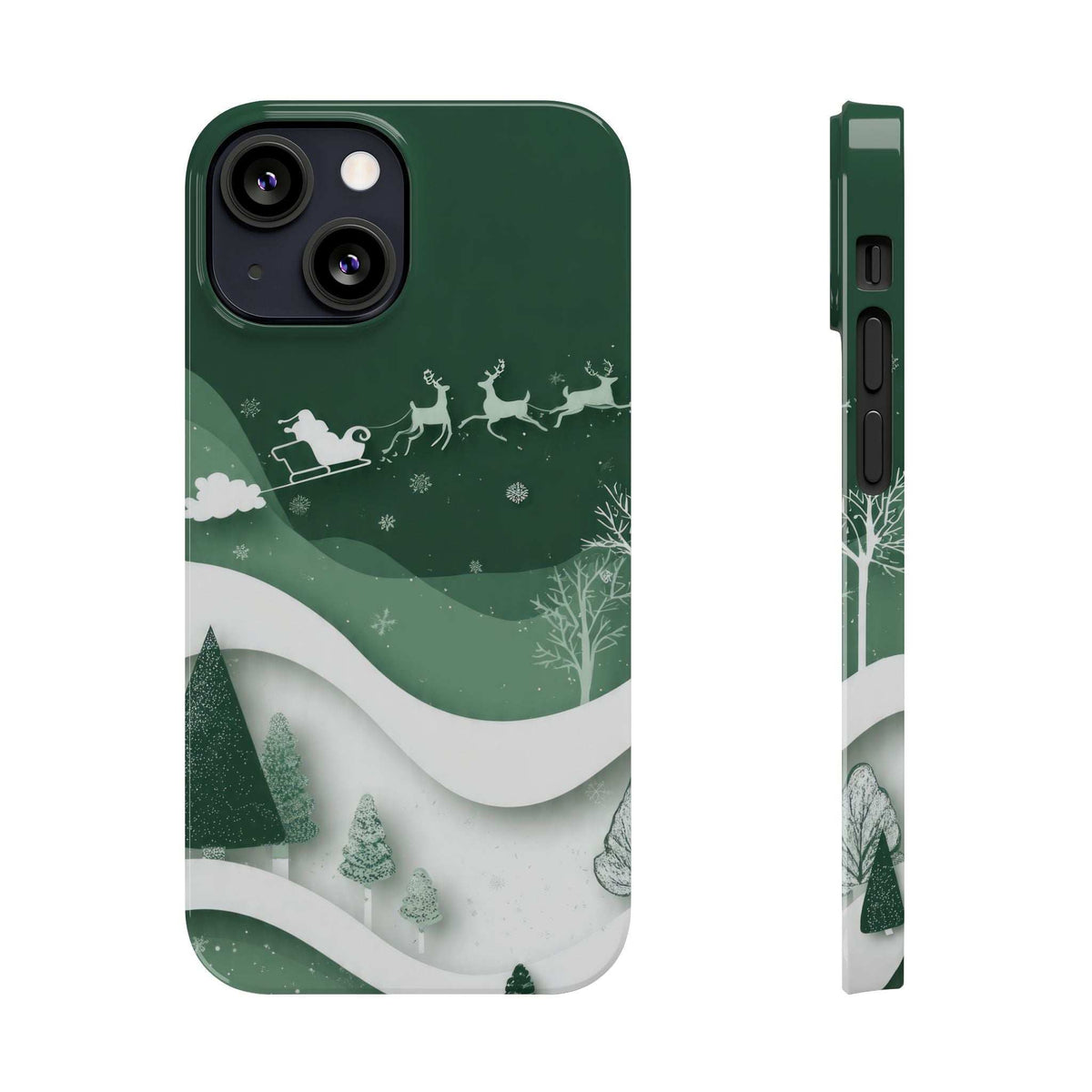 Green phone case with reindeer and sleigh on snowy waves; back and side views