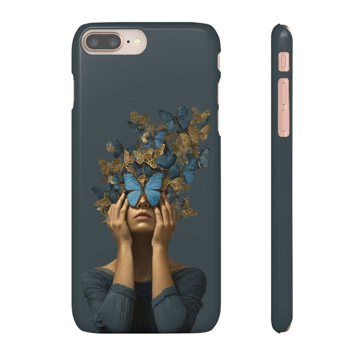 Dark gray phone case with centered butterfly face illustration and camera opening