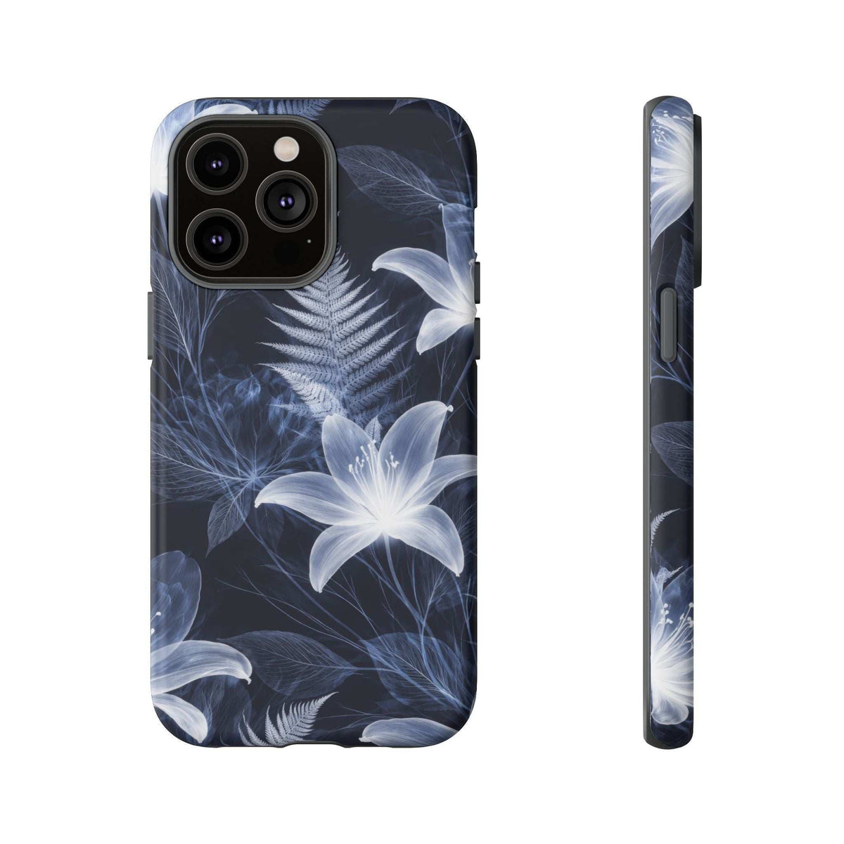 Blue floral phone case with white lilies and fern leaves; triple camera cutouts, close front view.