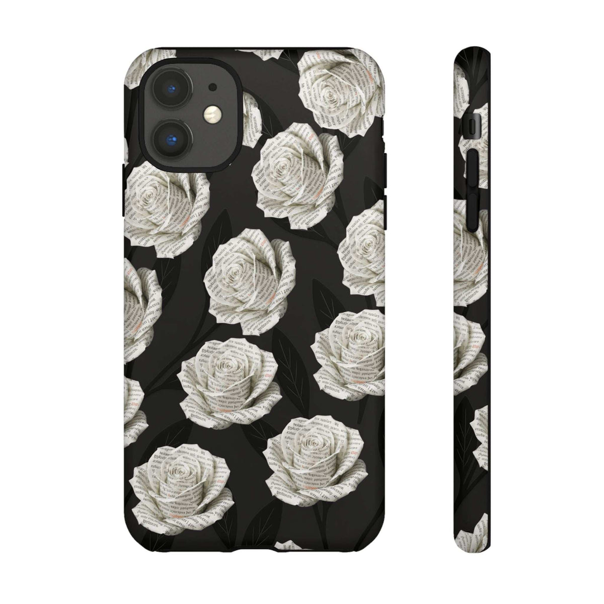 Silent Bloom phone case for iPhone and Pixel, black with white rose pattern, camera cutouts
