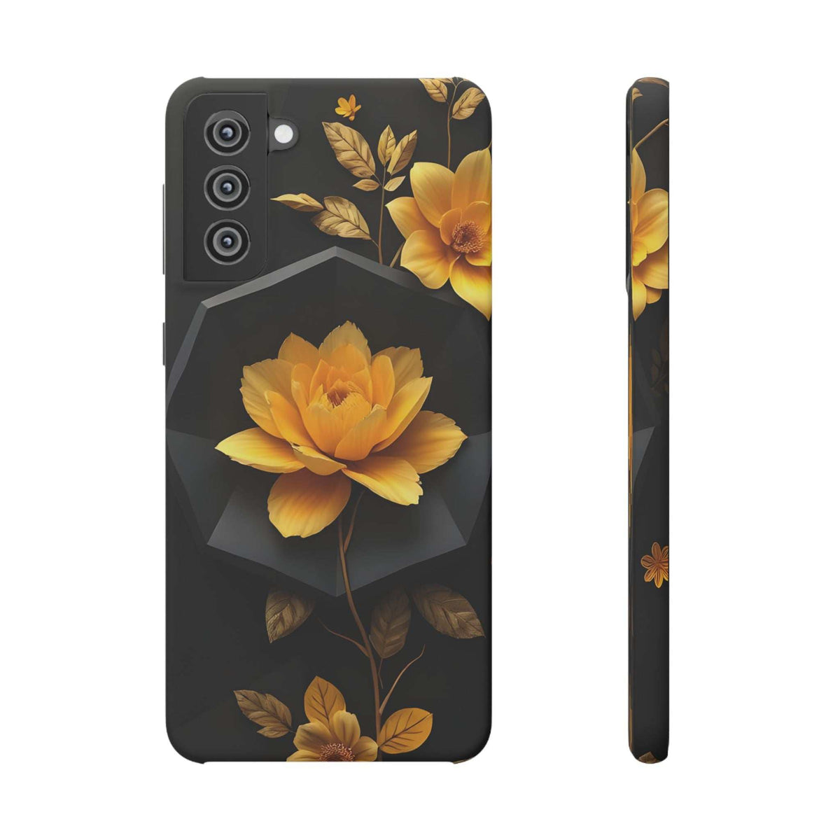 Black phone case with yellow blossoms and leaves, slim side and camera cutouts