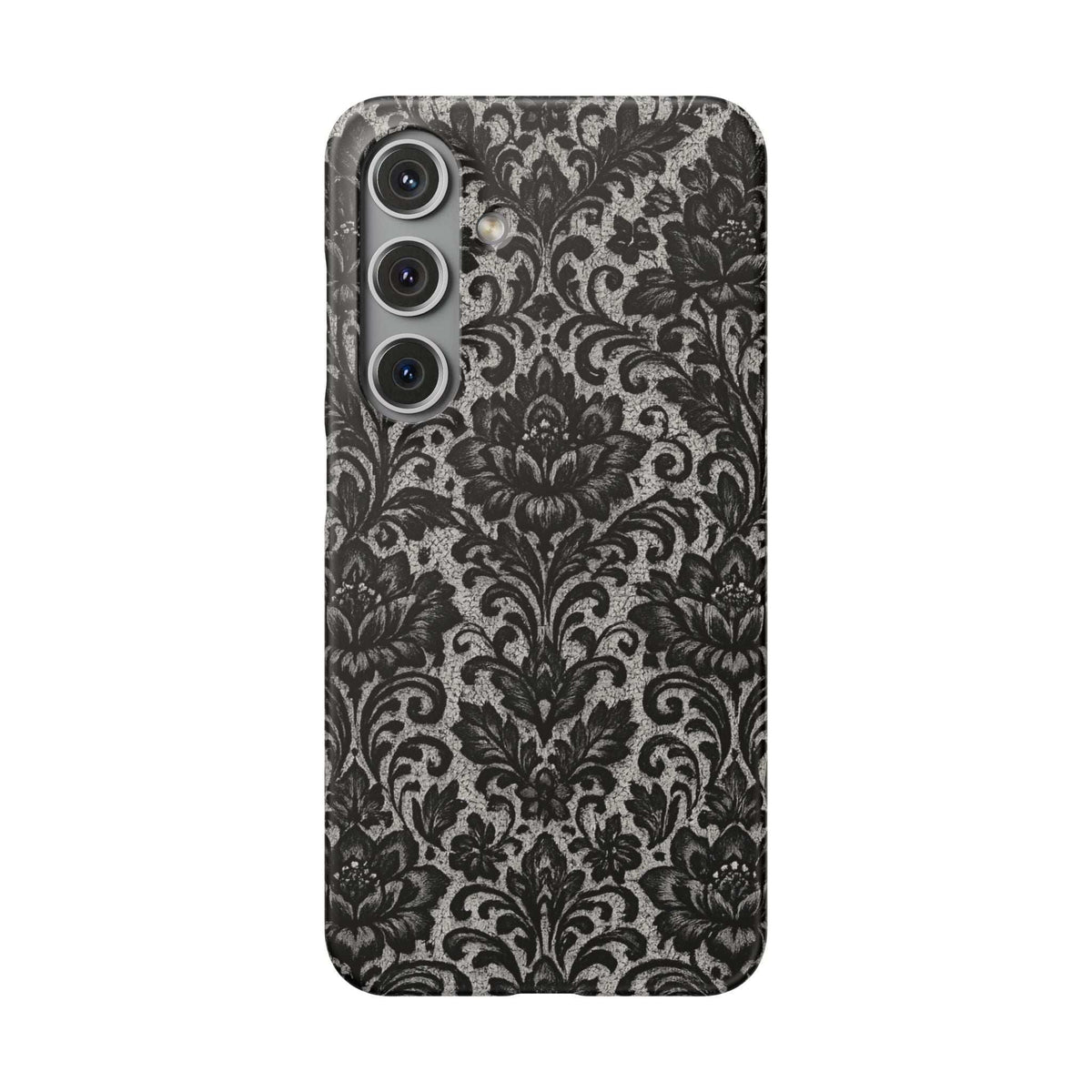 Damask floral phone case, black with gray ornate pattern; triple camera cutout and flash