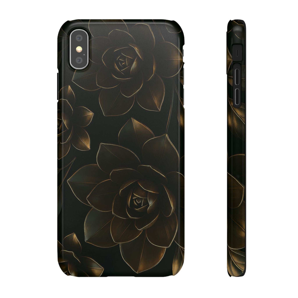 Glossy black phone case featuring gold rose and leaves metal-flower artwork, camera openings.