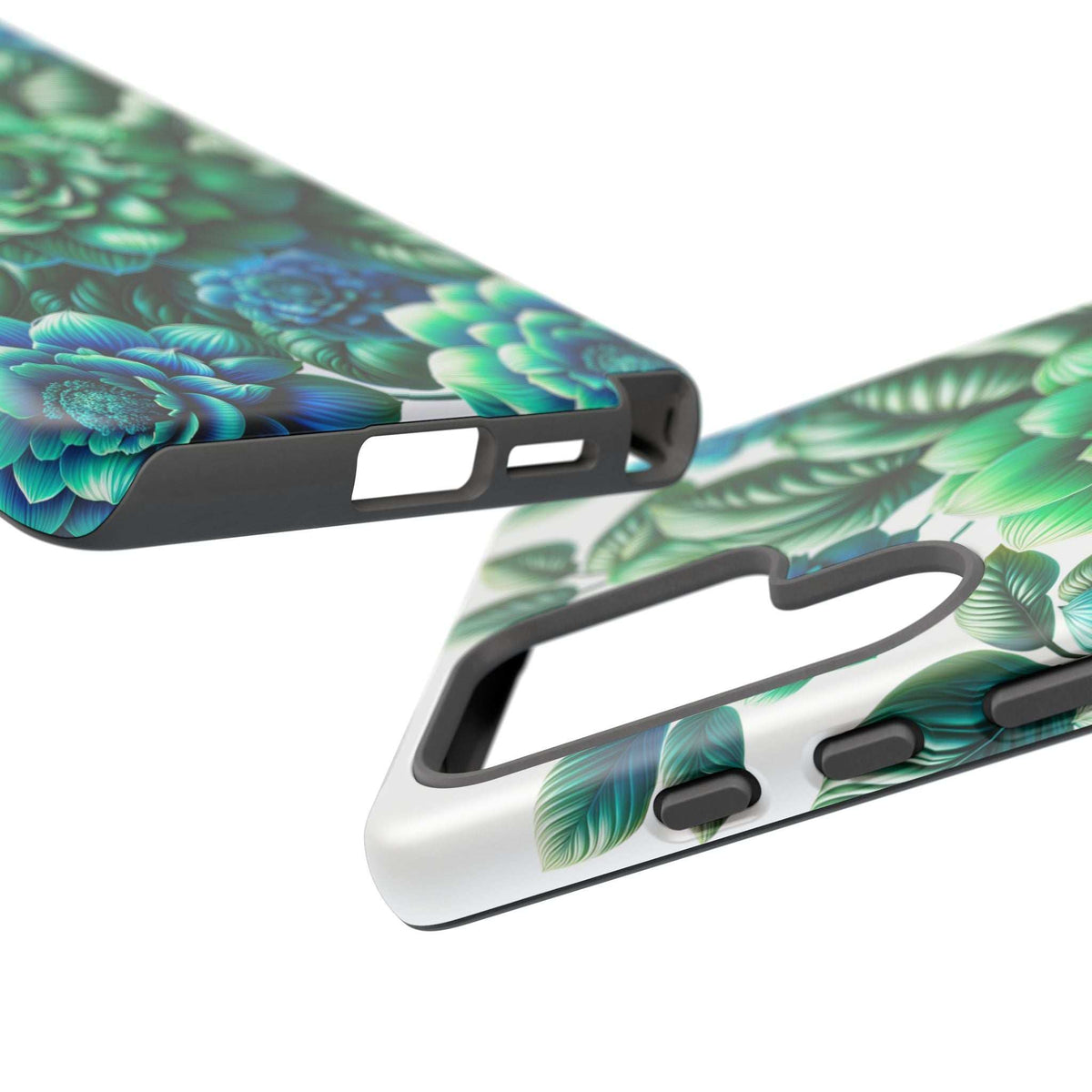 Green and blue floral phone case with side bumper cutouts, angled front edge view