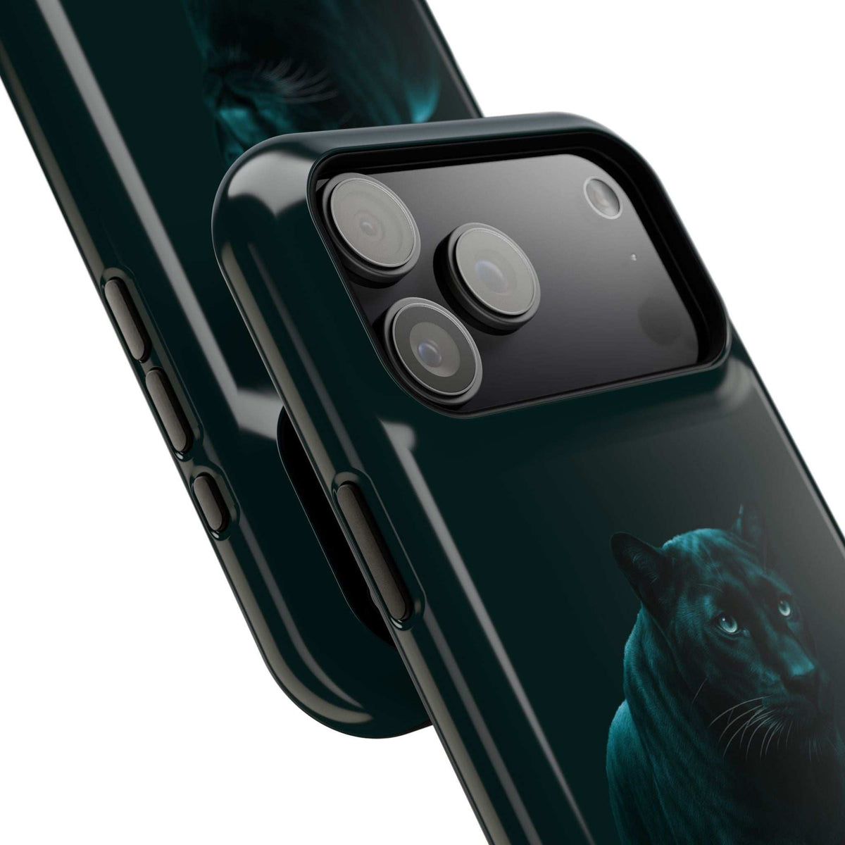 Glossy dark phone case angled view with raised lens frames and panther artwork