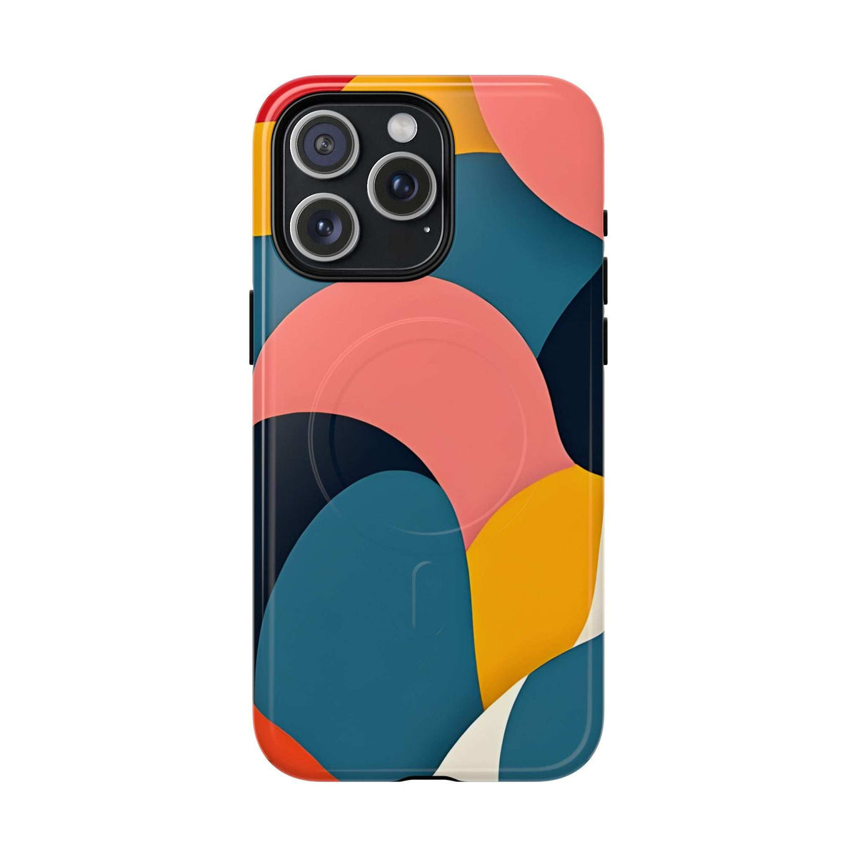 Colorful abstract art phone case, front view with multicolor wave-like pattern