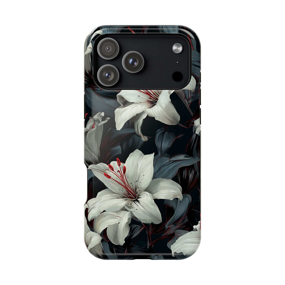 Phone case with white lily floral pattern on dark background, raised camera cutouts