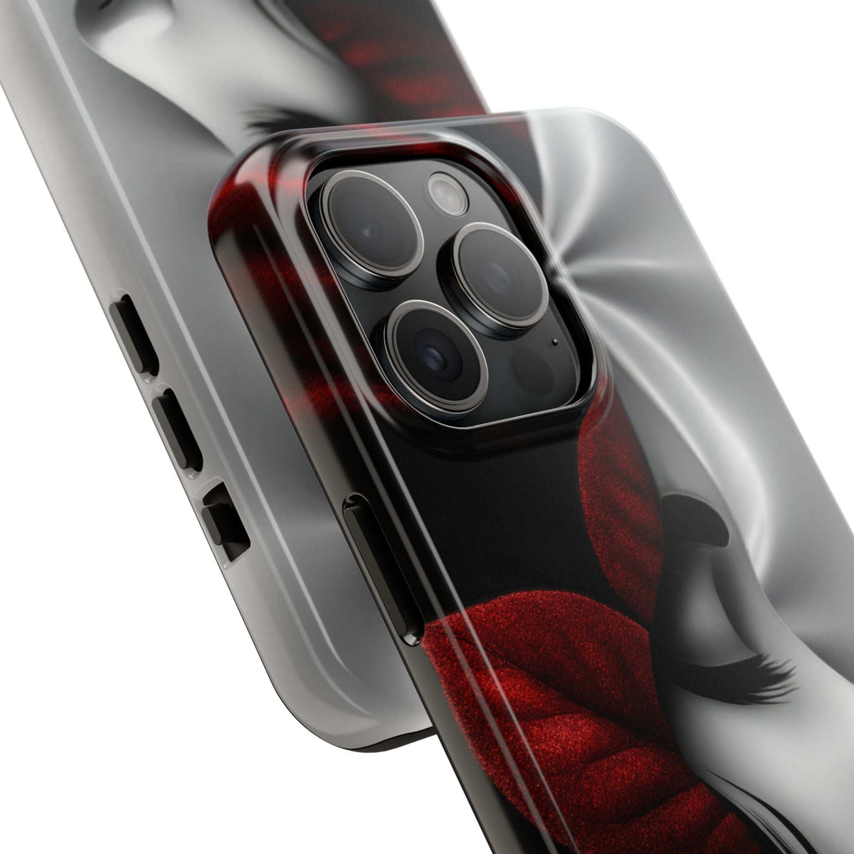 Red and black phone case with camera cutouts for iPhone and Galaxy