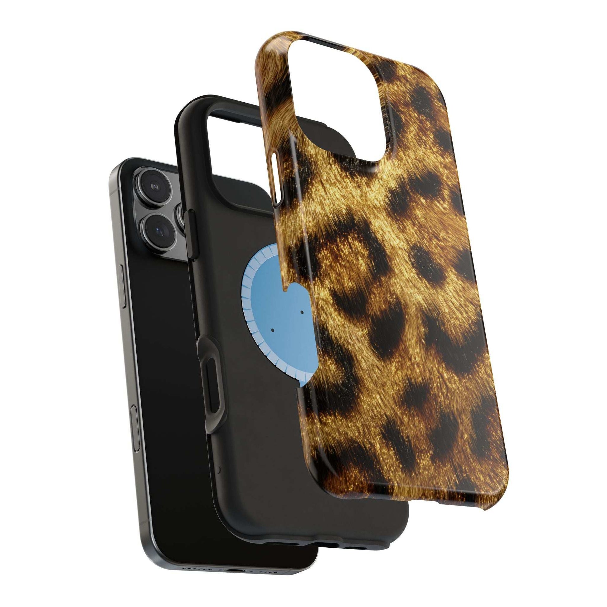 Leopard print phone case with glossy gold-brown design and protective camera area