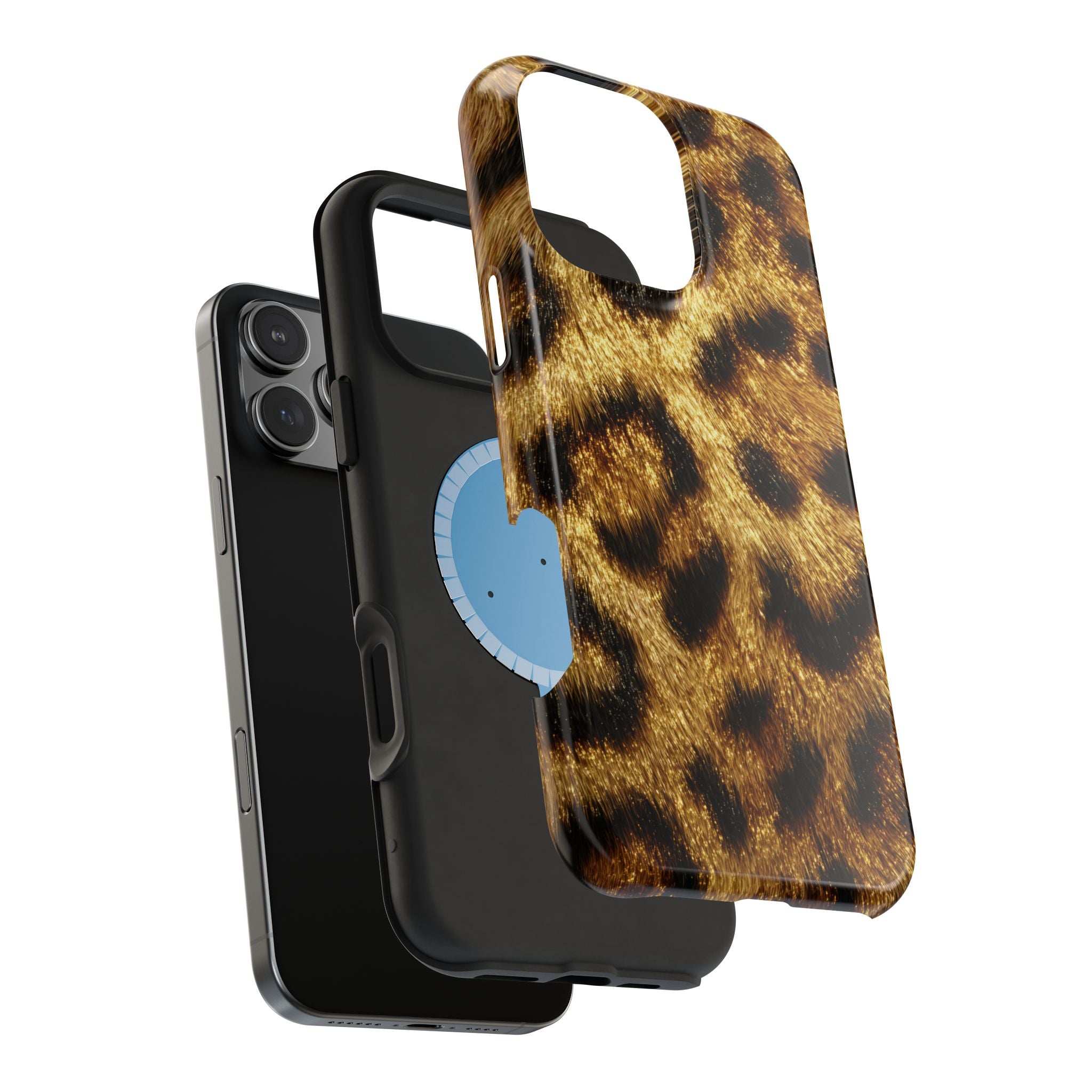 Leopard print phone case with glossy gold-brown design and protective camera area