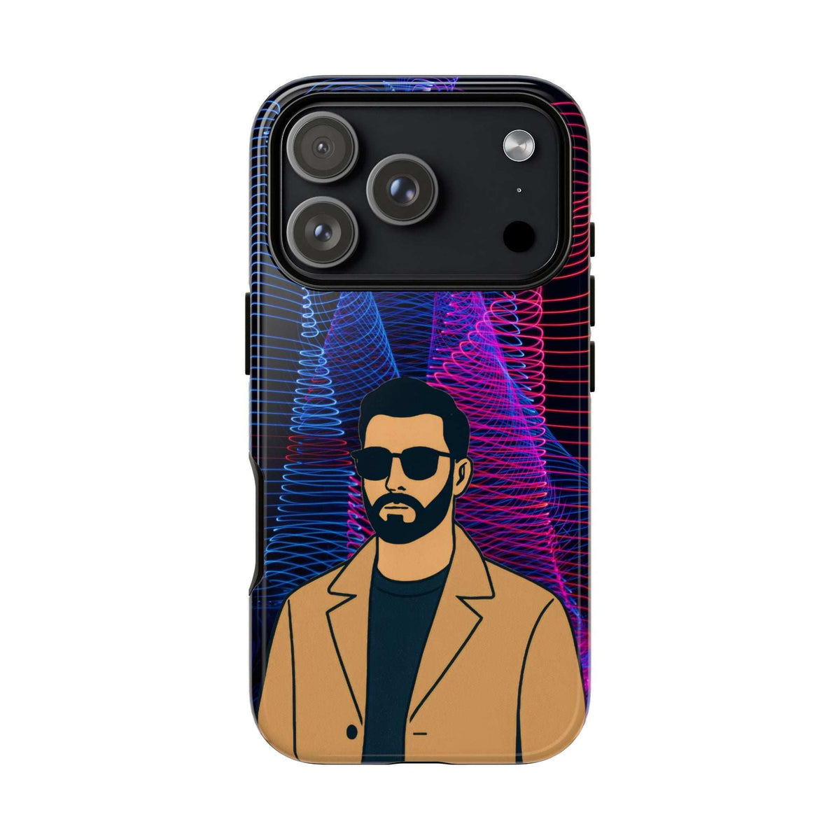 Glossy phone case with bearded man portrait and neon blue/pink lines; dual camera cutout