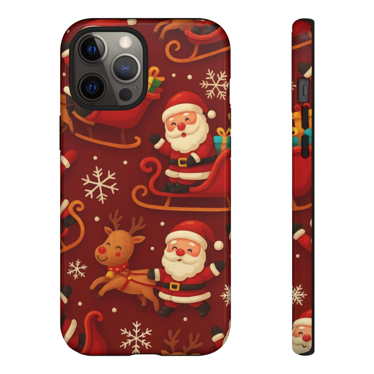 Glossy red Santa sleigh ride phone case with Santa figure and reindeer in winter pattern.