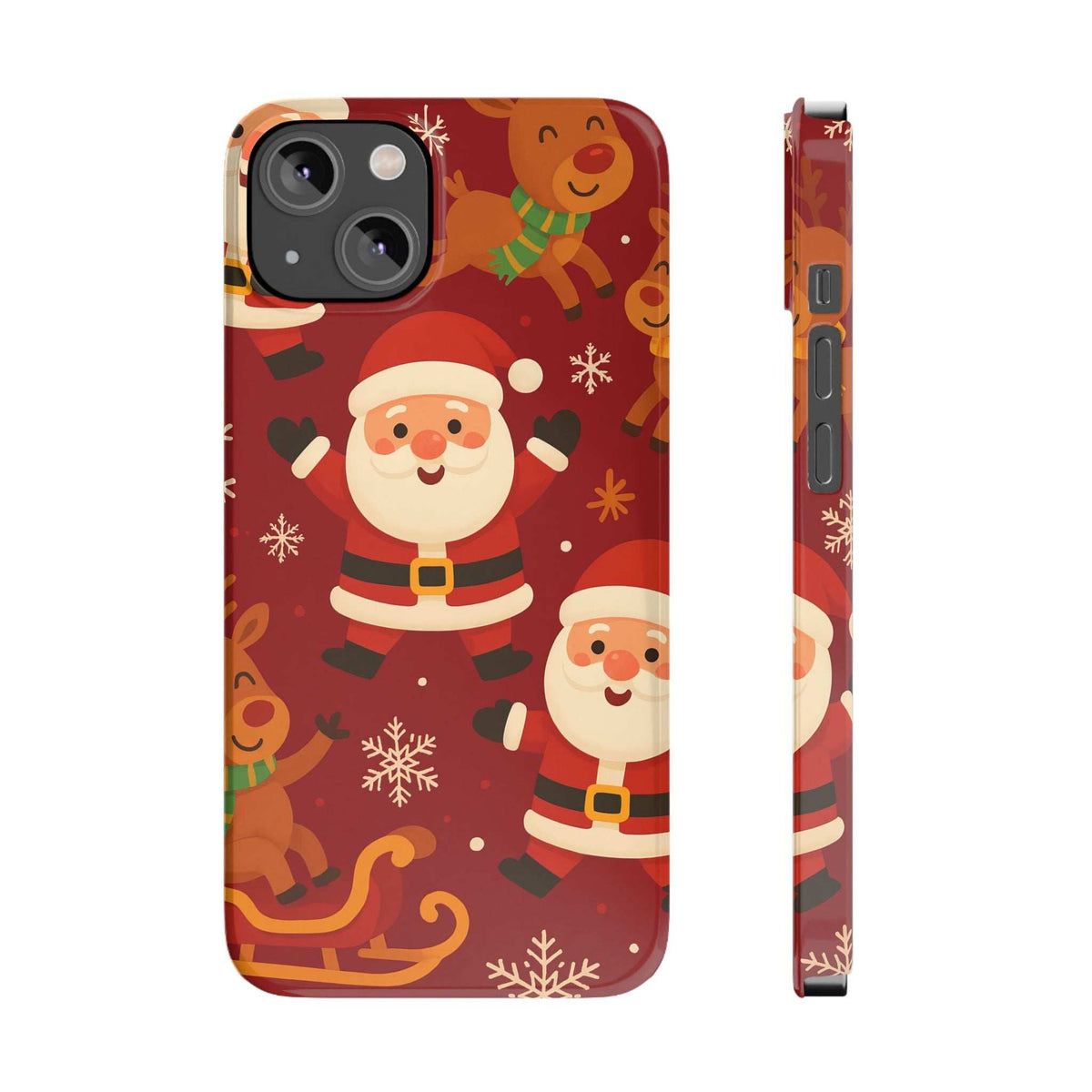 Red holiday phone case featuring Santa faces and gingerbread; side cutouts shown.