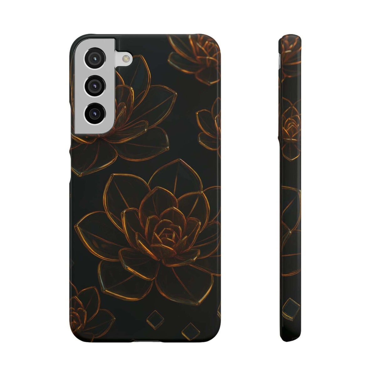 Glossy black glass phone case with gold lotus line art and front camera trio