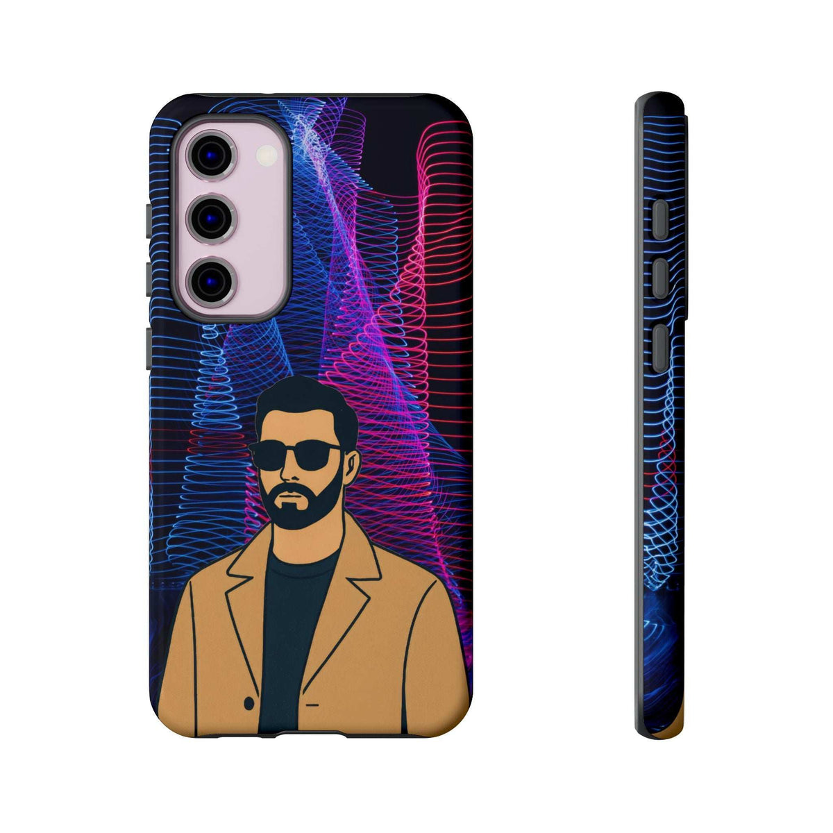 Glossy phone case with bearded man graphic, neon blue/pink lines, and triple camera cutouts.