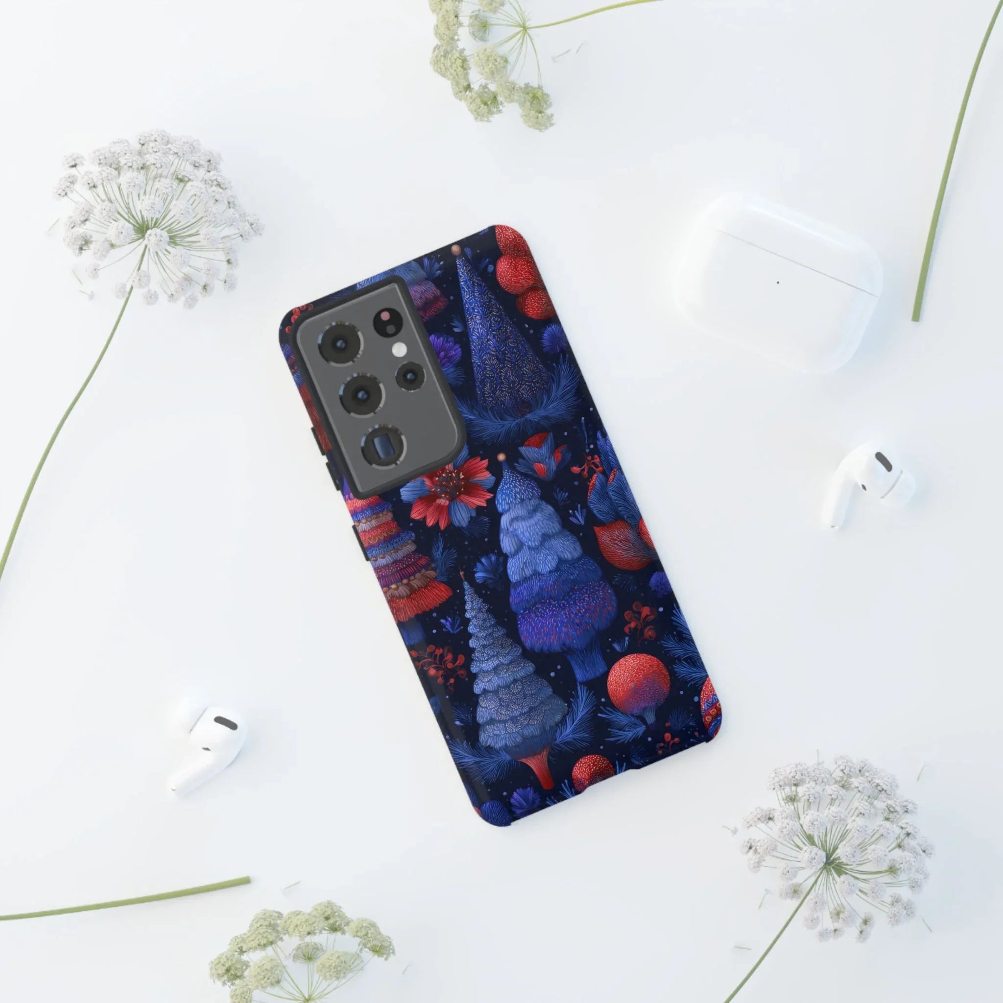 Midnight Blue Christmas Forest Phone Case for iPhone 8-17 and Galaxy S21–S25 - KARARMDESIGN