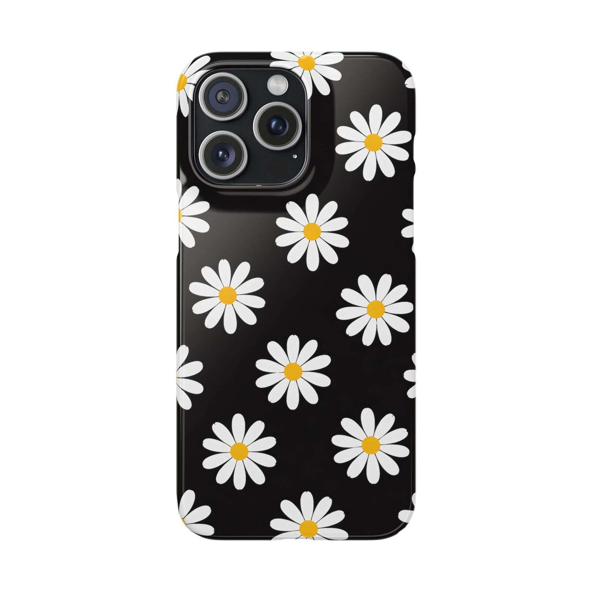 Daisy charm phone case, dark base with white daisies and yellow centers; rear camera cutouts