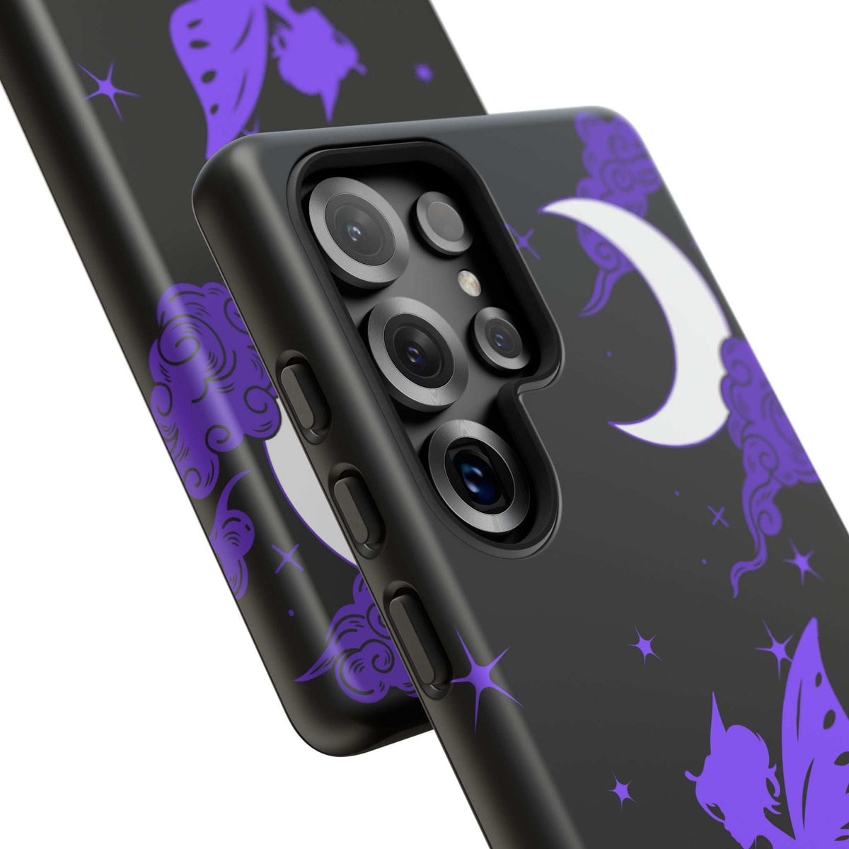 Black phone case close-up with purple fairy art, crescent moon, and camera openings.