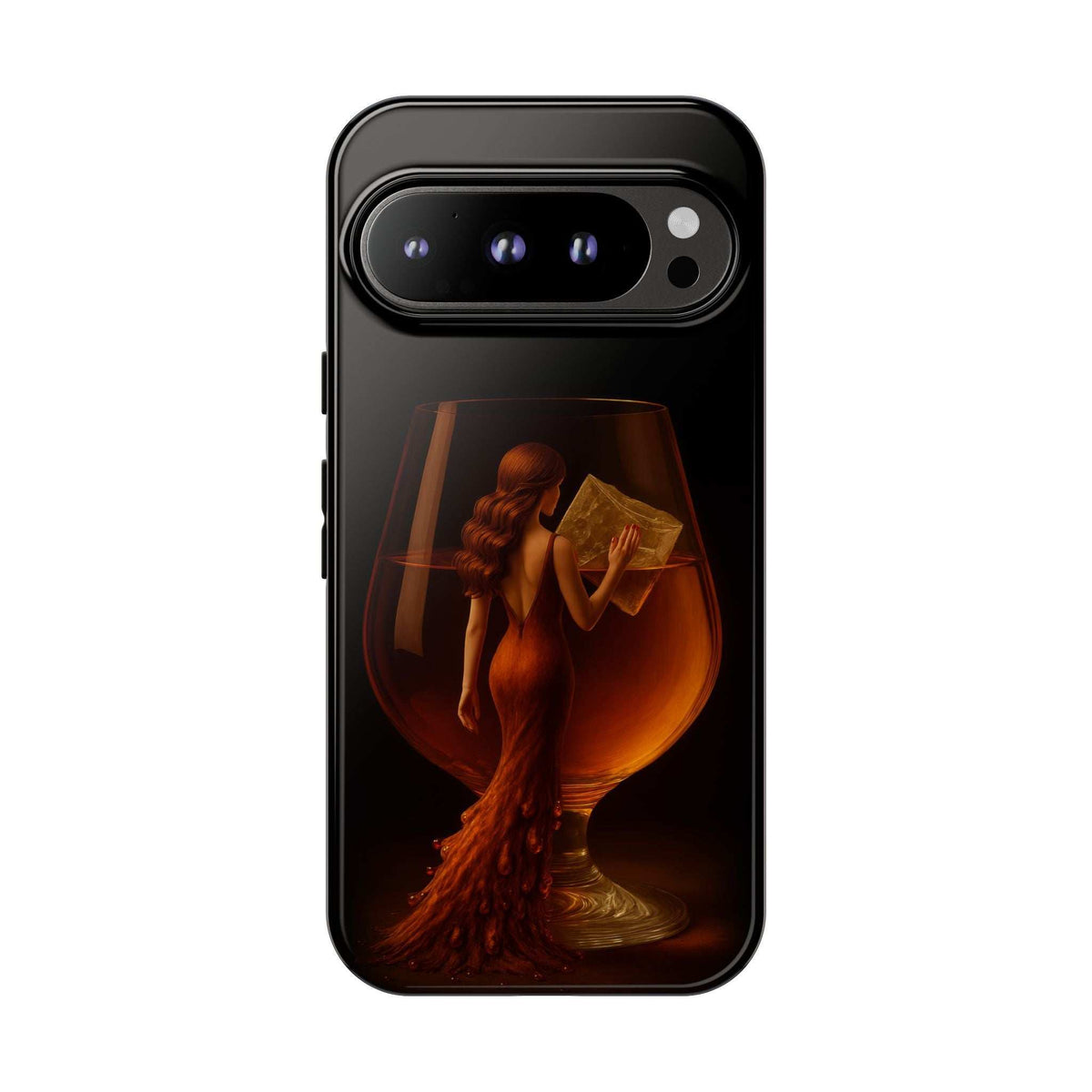 Glossy dark phone case with lady holding an open book, camera module on top