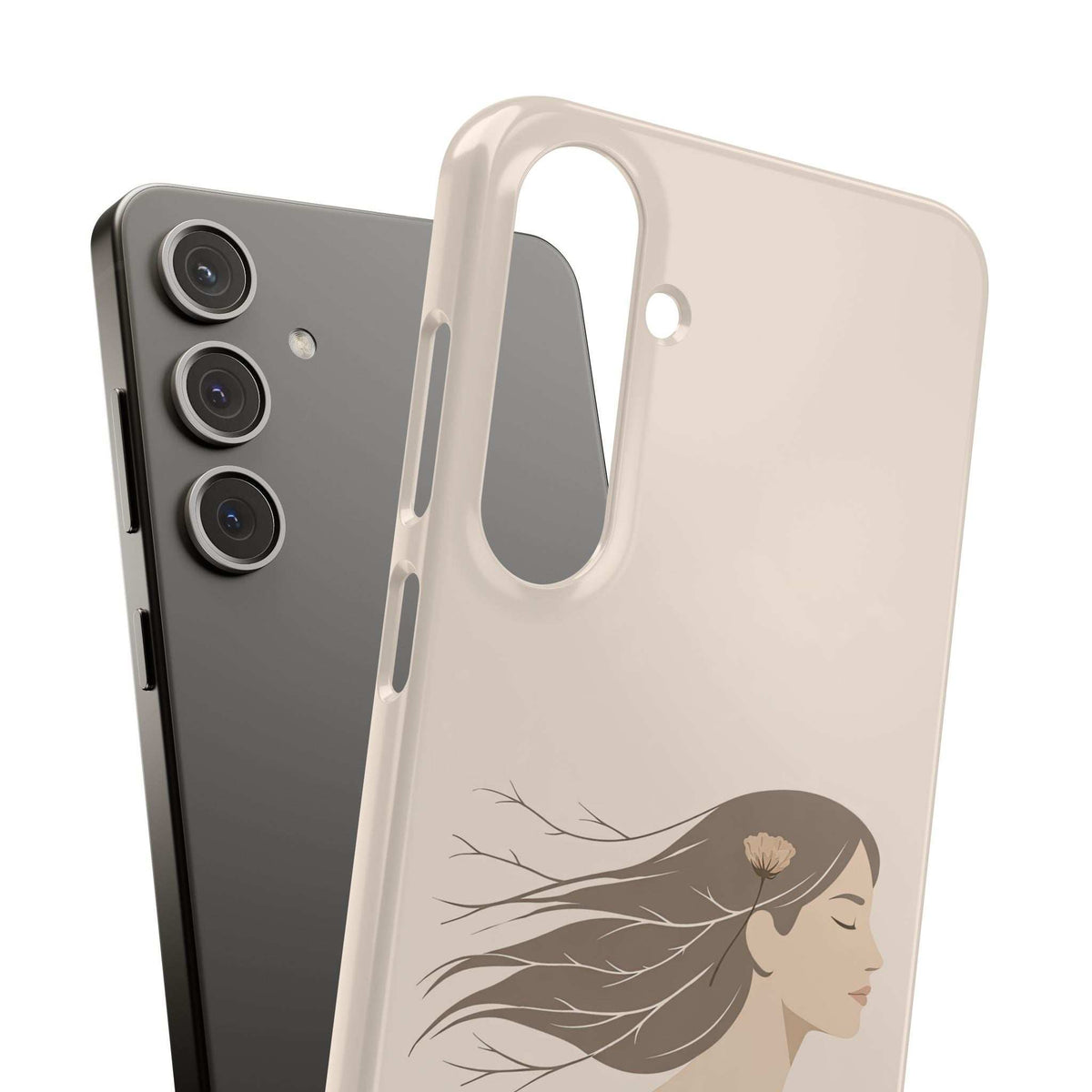 Pair of phone cases: cream case with woman outline and dark case with triple camera cutouts.