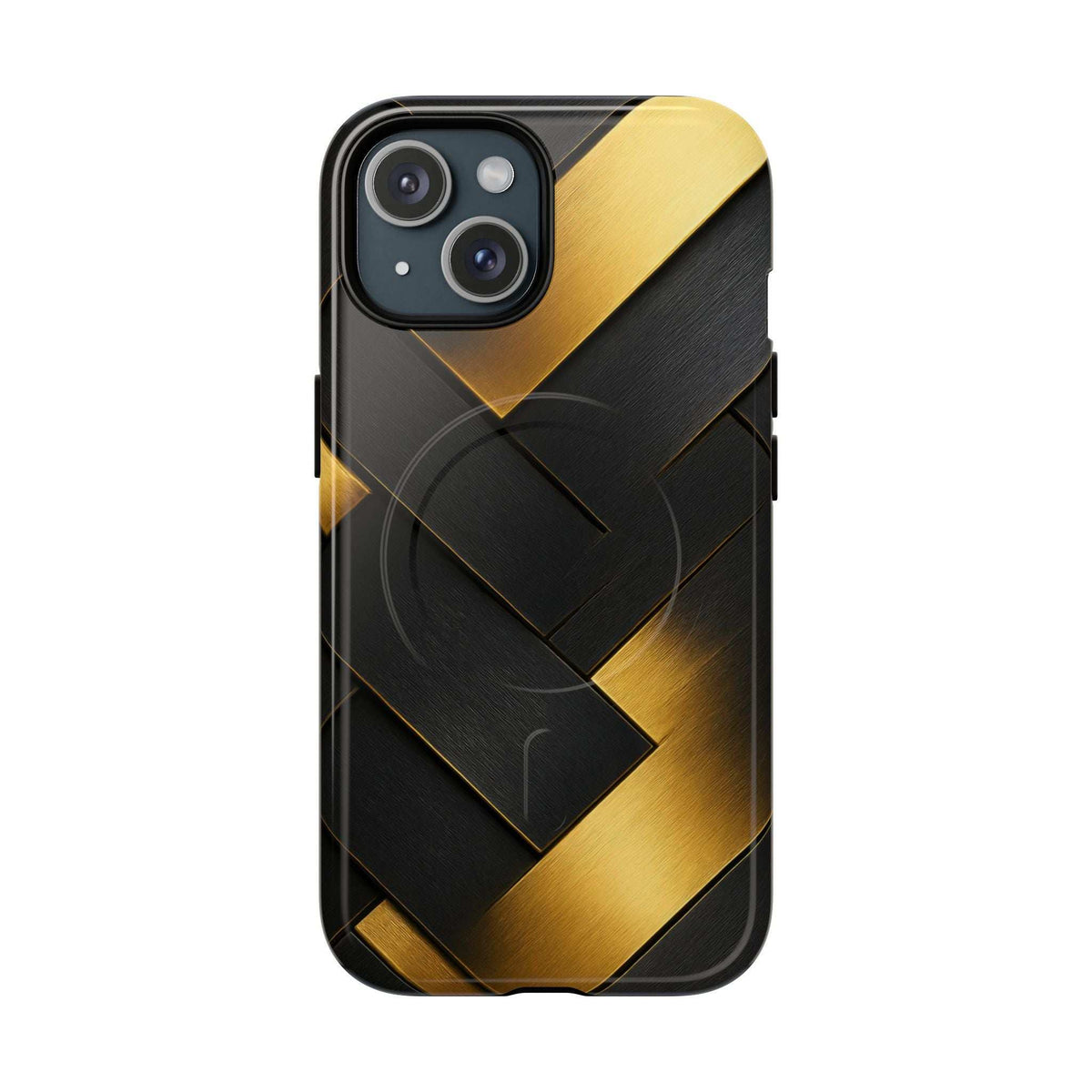Glossy phone case with black back and gold diagonal panel, rear view with camera cutouts