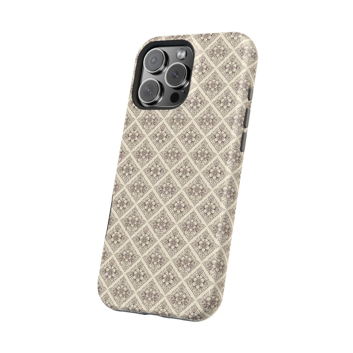Beige ornate phone case with diamond pattern and blue key motif, camera centered.