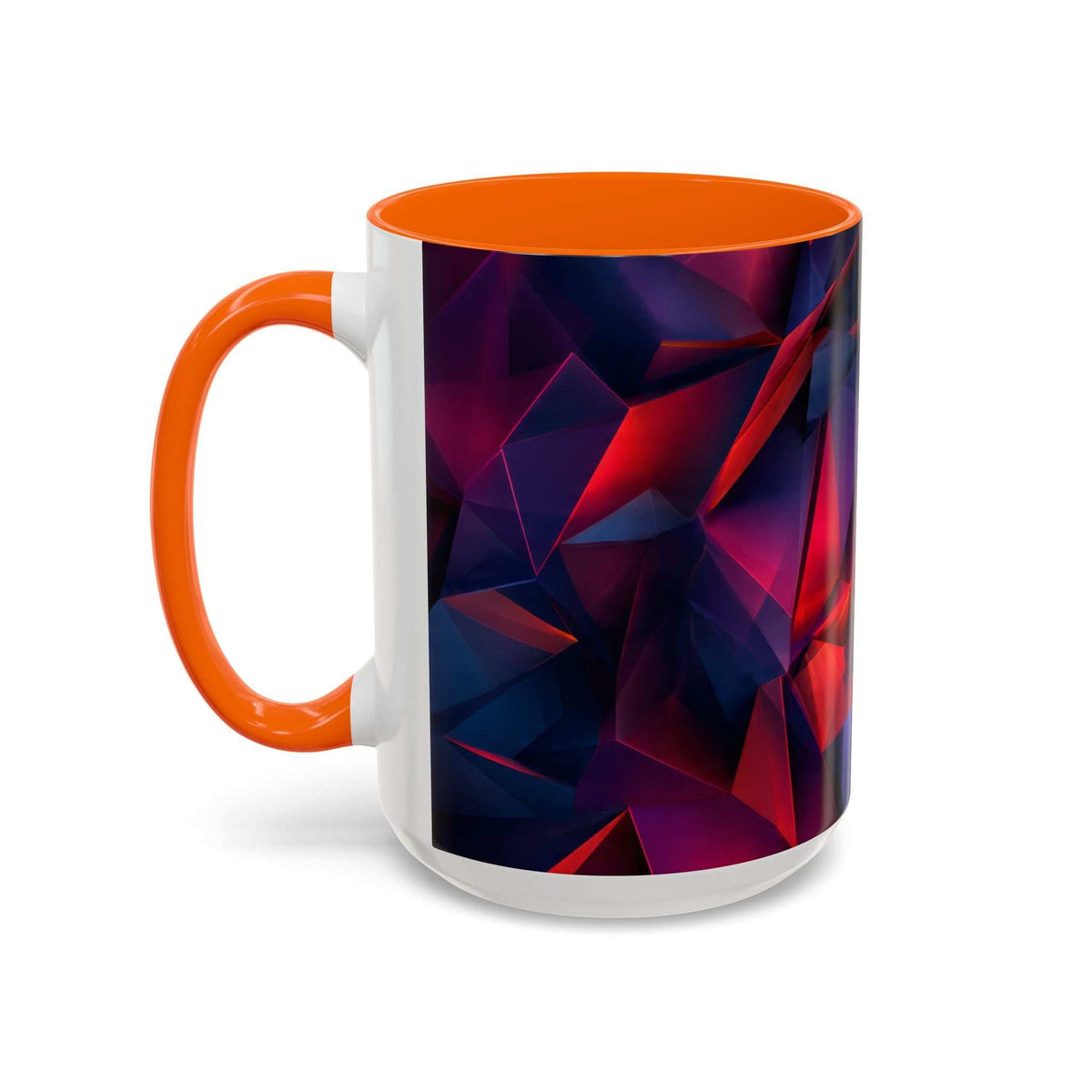 Ceramic mug with orange handle and lid, white body and blue-red geometric wrap