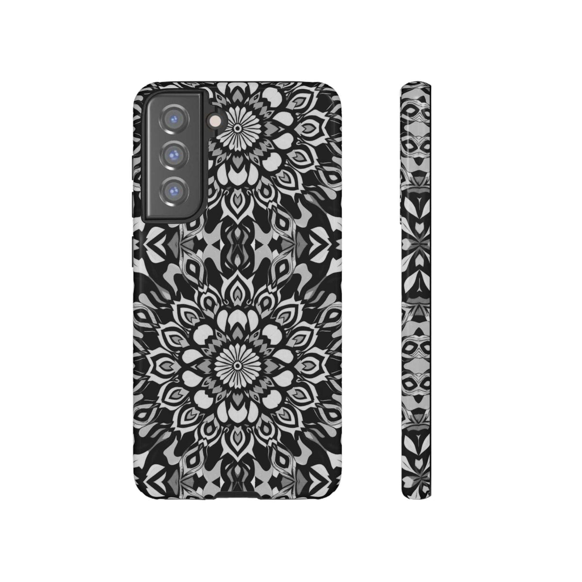Mandala phone case, black-and-white mandala print with camera openings and side edge