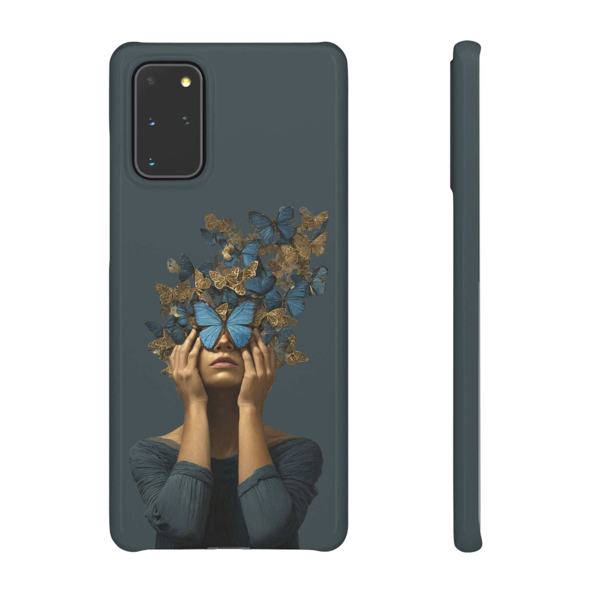 Dark gray phone case with butterfly woman graphic on back and slim protective side