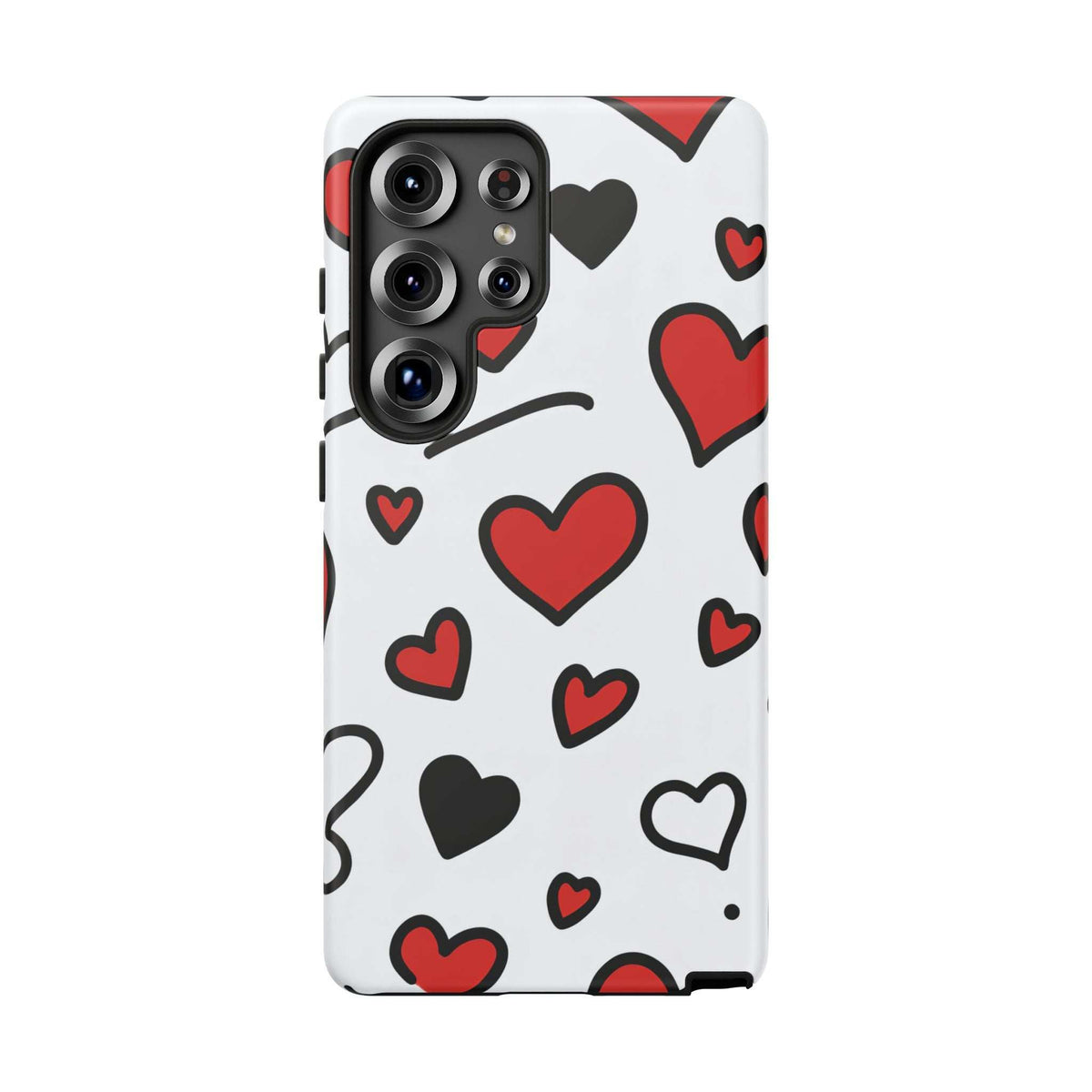 White phone case with scattered hearts and quad-lens camera cutout on upper left