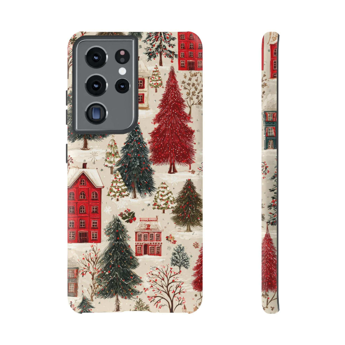 Winter village phone case with snowy courtyard trees and red houses, front camera cutouts.