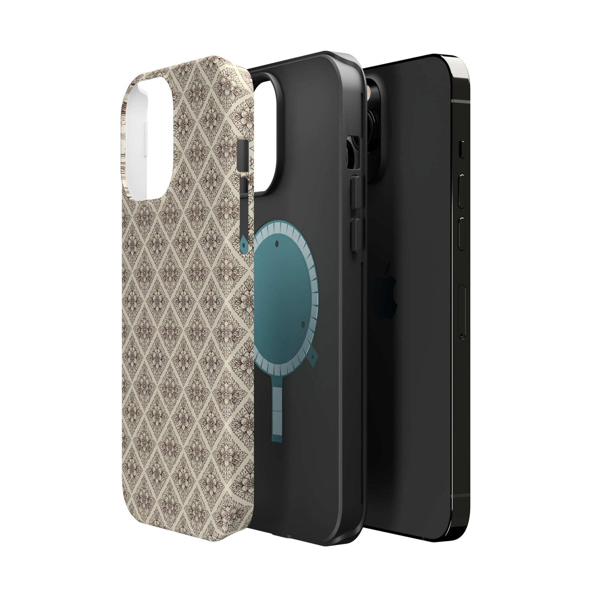 Ornate beige phone case with repeating diamond pattern and blue key motif.