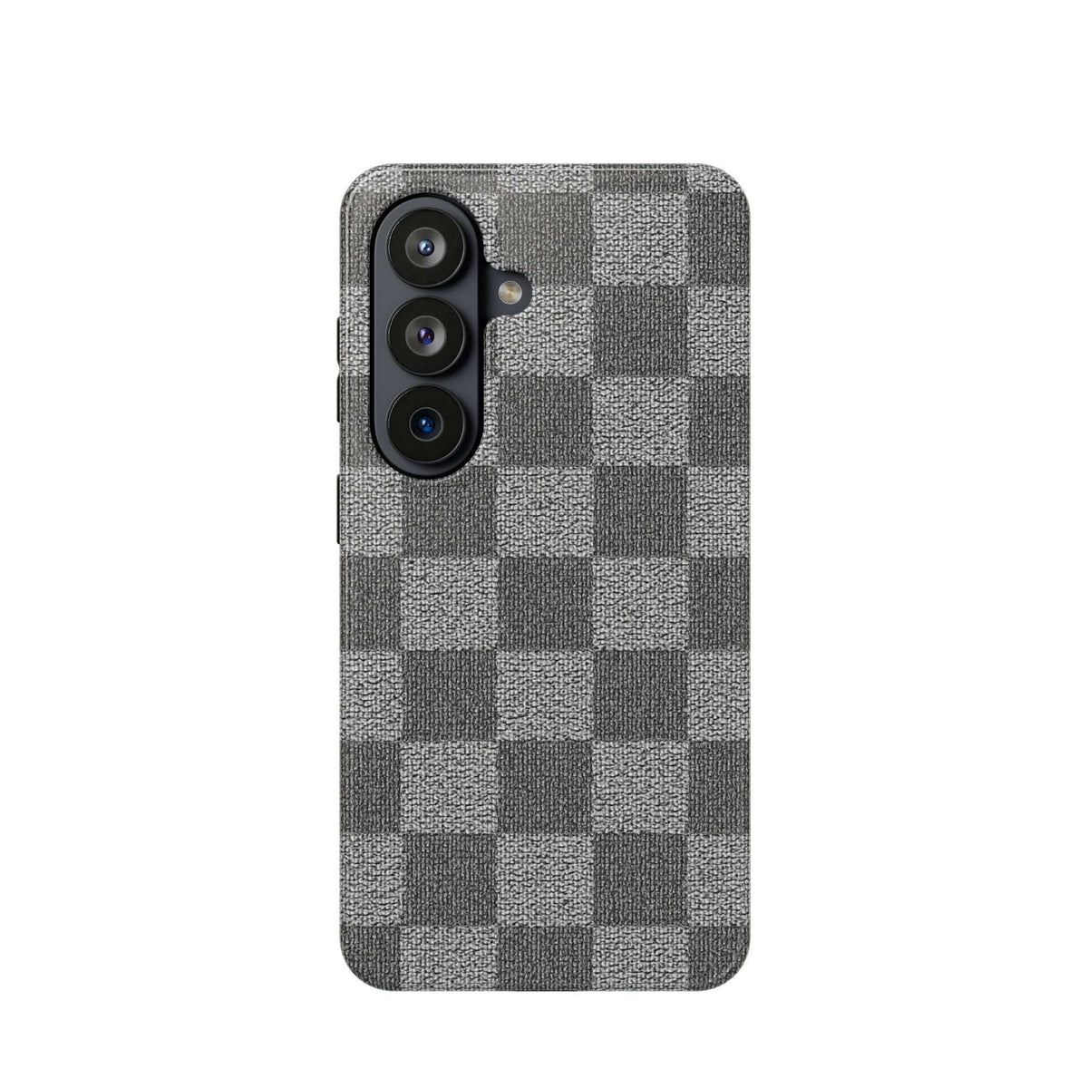 Gray checkered phone case with three-lens camera cutout, textured fabric