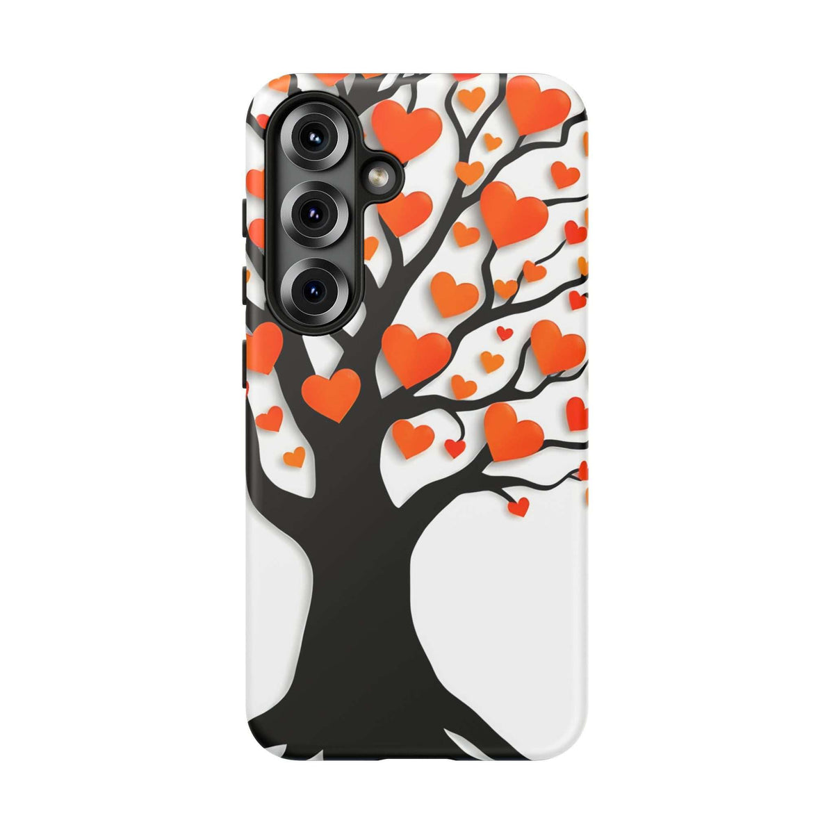 Phone case with black-and-white tree illustration and orange hearts, camera bump cutout