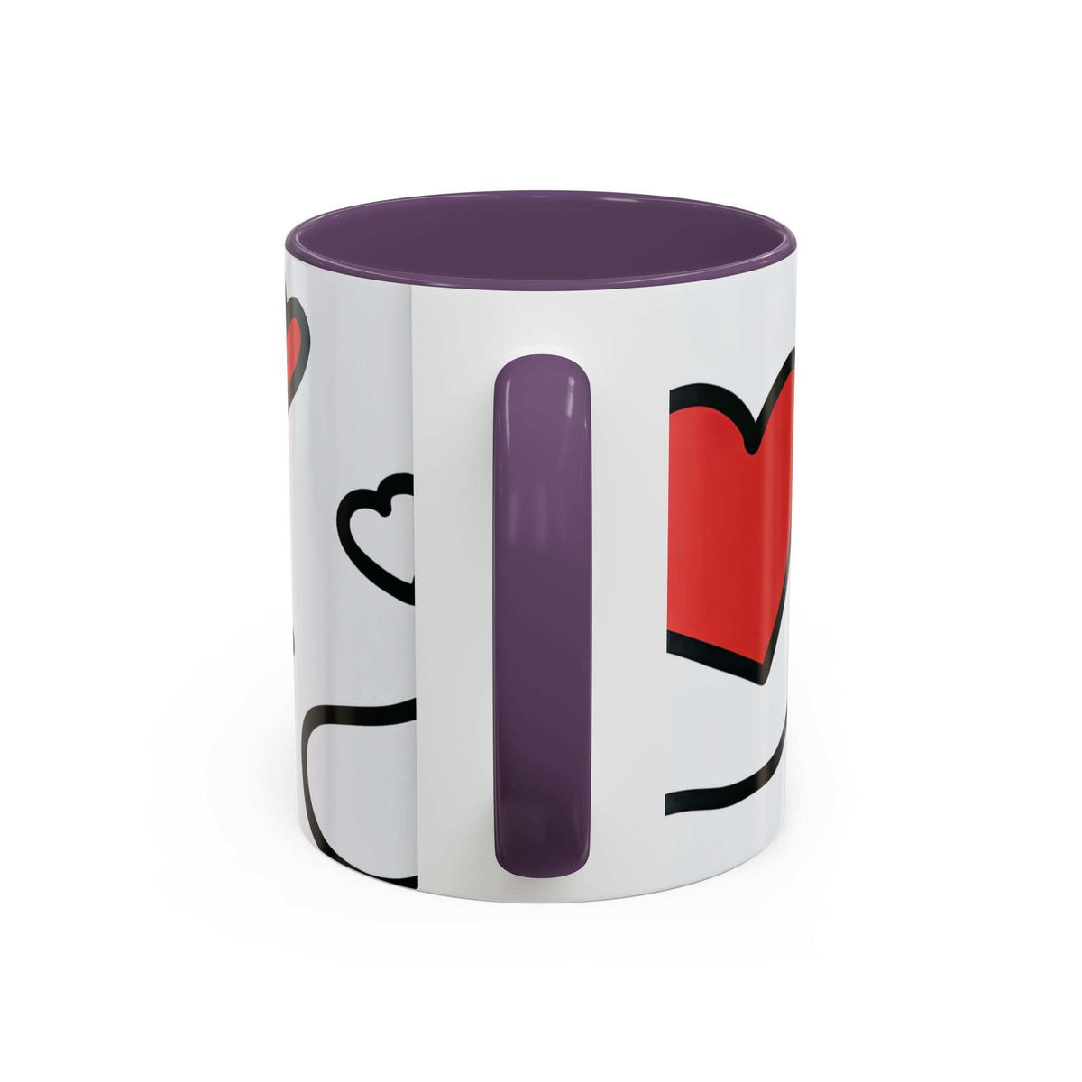 Heart-themed coffee mug, white with red heart and purple stripe, purple rim and handle