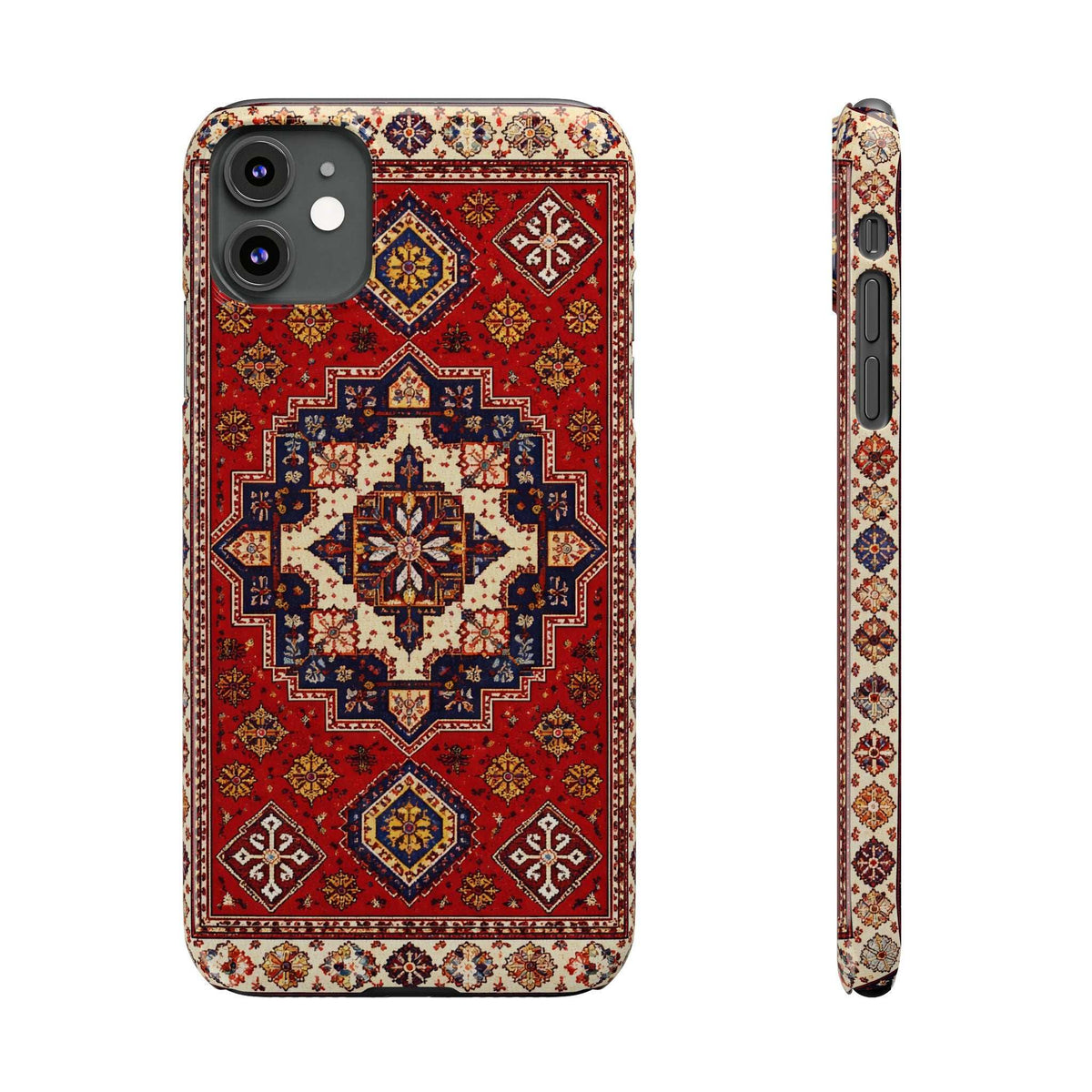 Red and navy ornamental center medallion phone case with camera cutouts.