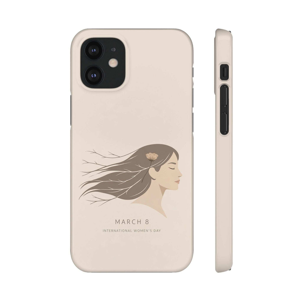 Beige phone case with floral woman “March 8” illustration; side port and button cutout visible.