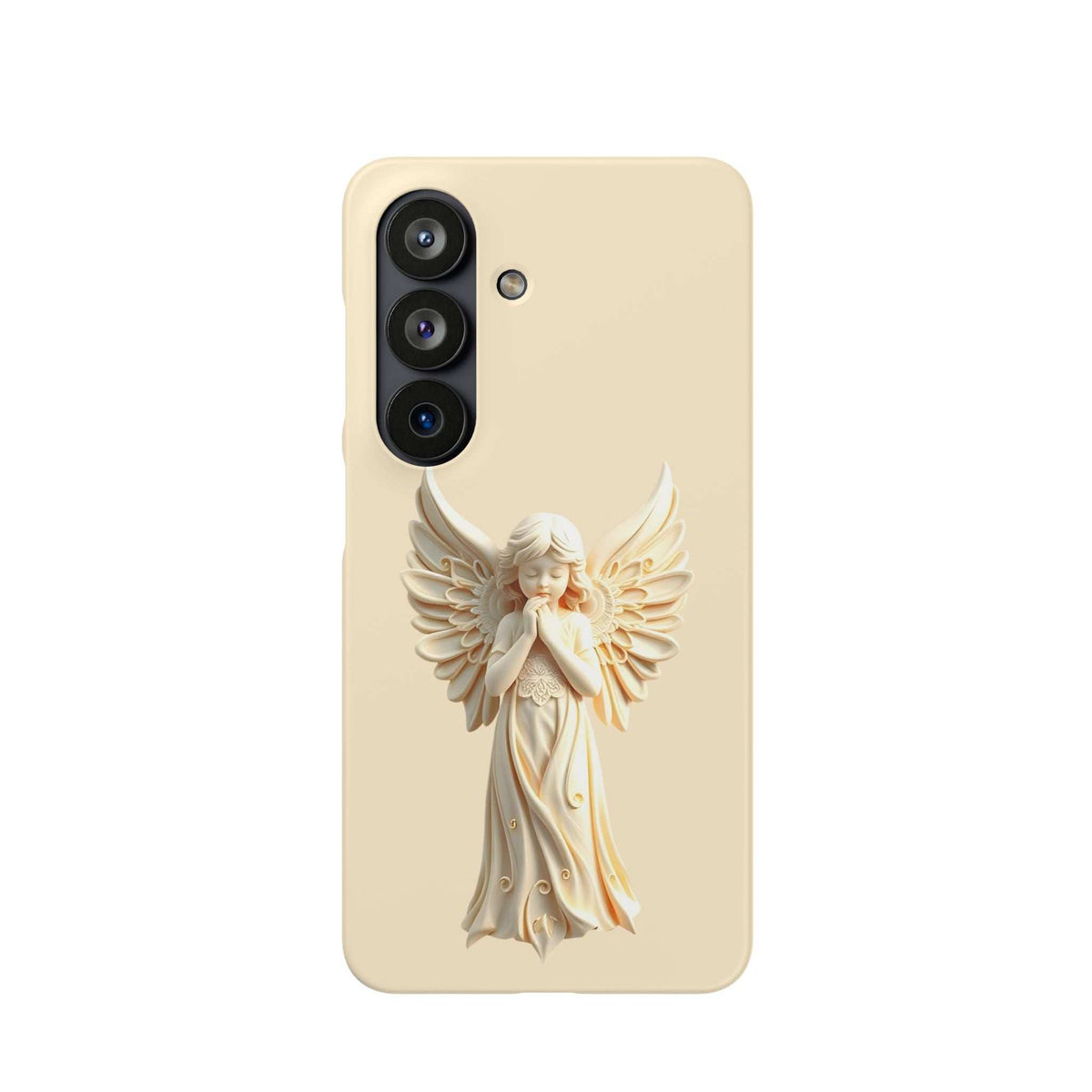 Cream phone case with raised angel and wings, tall left camera module cutout