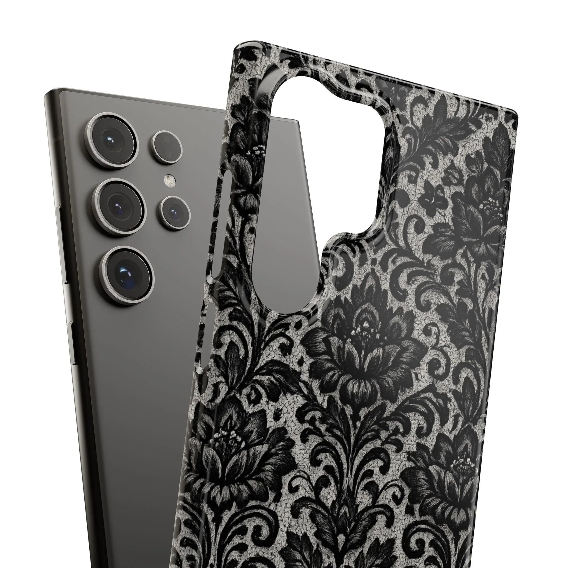 Black Damask Floral Phone Case for iPhone 11-17 and Galaxy S20-S25 - KARARMDESIGN