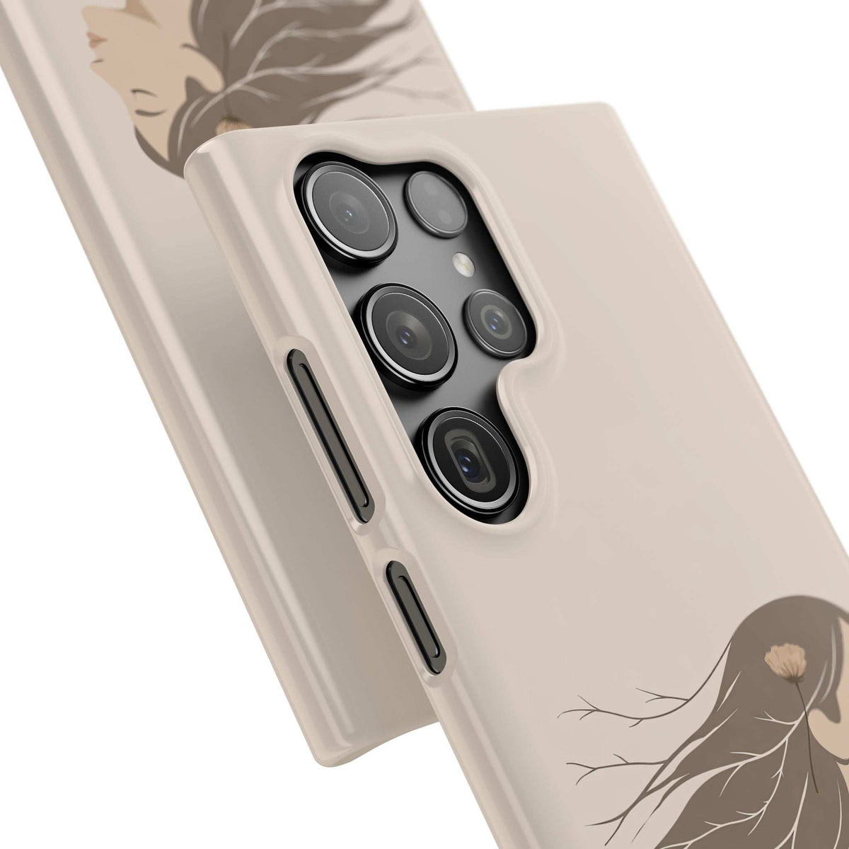 Cream phone case close-up: line-art woman and flower with cutouts for four lenses