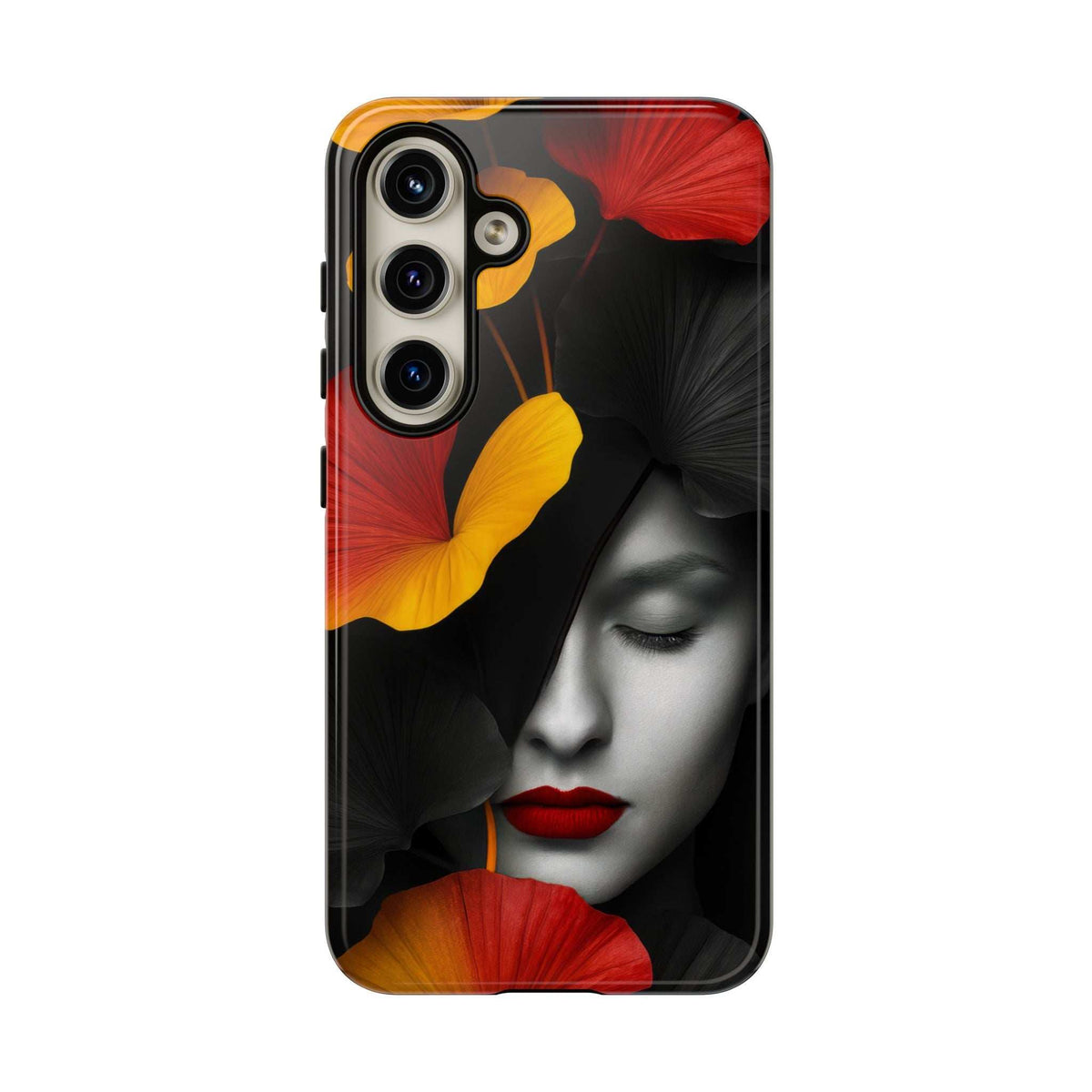 Glossy phone case with stylized woman face and red, yellow flowers pattern
