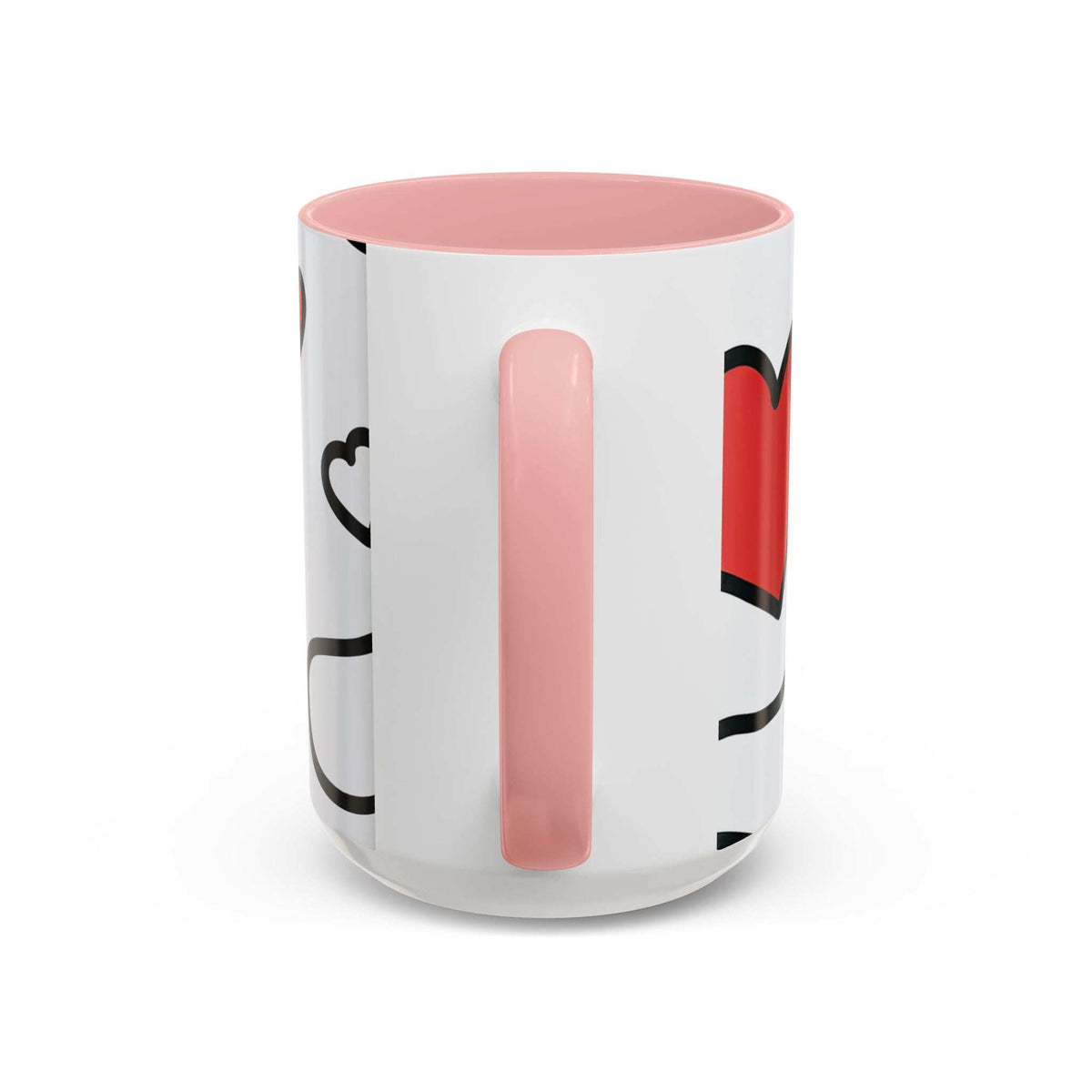 Accent coffee mug with light pink interior and handle, white body, tall pink stripe heart design.