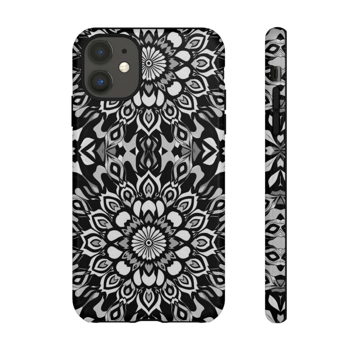 Mandala phone case with black-and-white mandala design and raised edges around camera openings