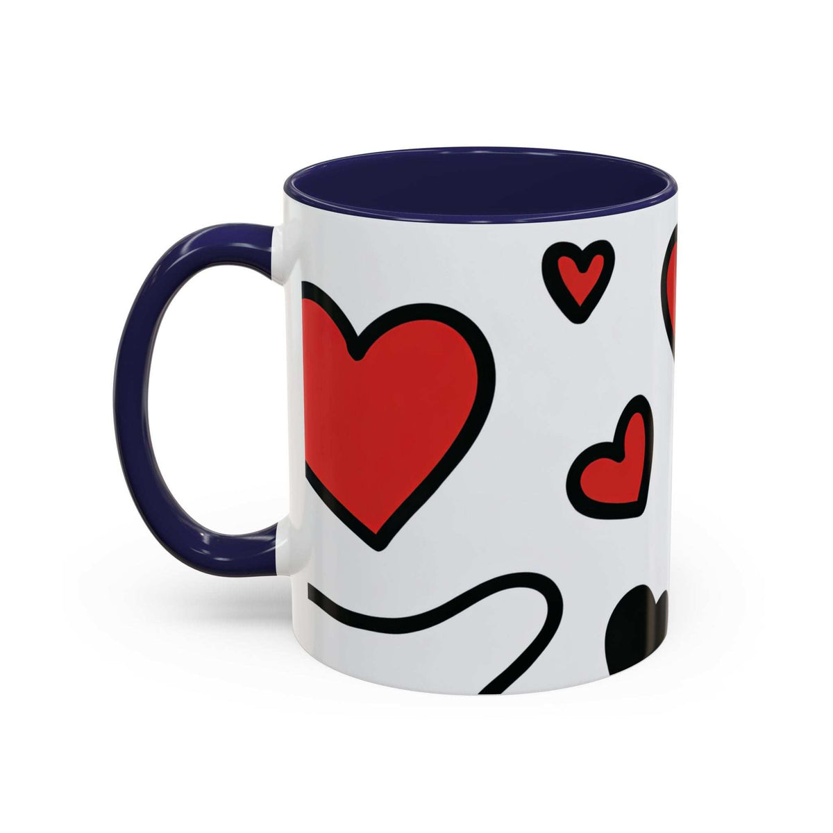 White accent coffee mug with navy handle and rim, large red heart and small hearts